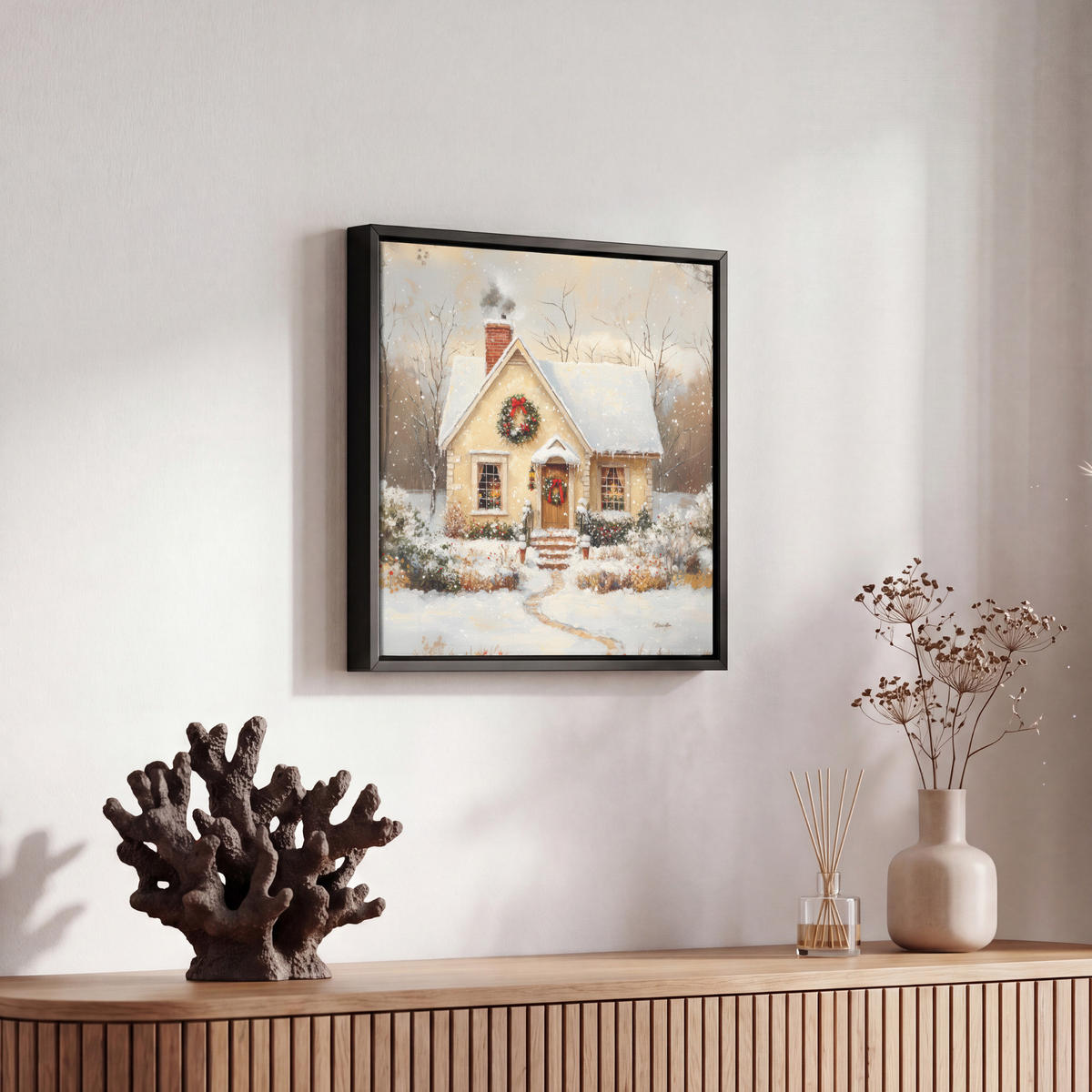 LEINWAND Bilder mit Rahmen - Weihnachten - Zuhause - Winter - Schnee - 20x20 - Creme, Textil (20/20cm) - MuchoWow