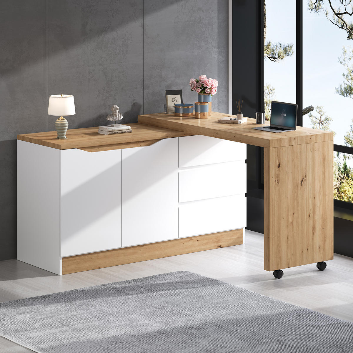 SCHREIBTISCH mit feststellbaren Rollen drehbar 120cm - Weiß, Holzwerkstoff (50/120/78cm) - Gisaae