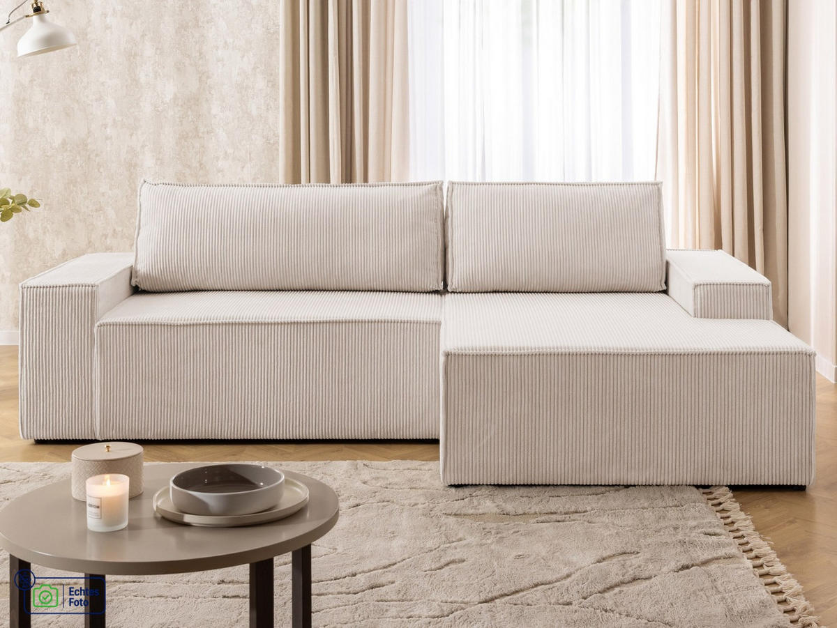 ECKSOFA Rivio mit Schlaffunktion und Bettkasten, Cordstoff Beige - Beige/Schwarz, Holz/Kunststoff (262/149cm) - S-Style