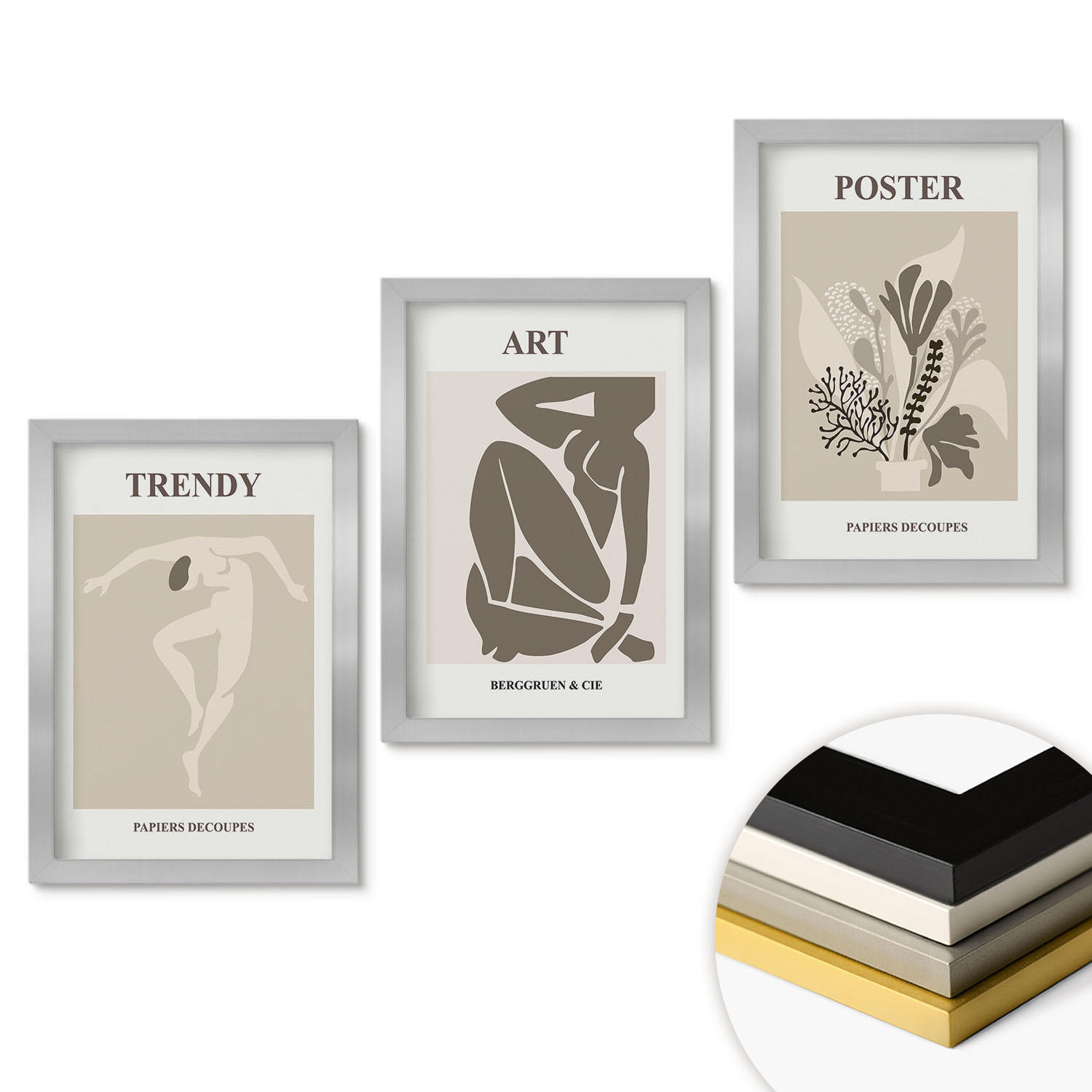 WANDBILDER 3er Set - 20x30 cm Silberner Rahmen - Matisses Pflanzenfiguren - Silberfarben, Kunststoff (20/30cm) - ArtPrintCave