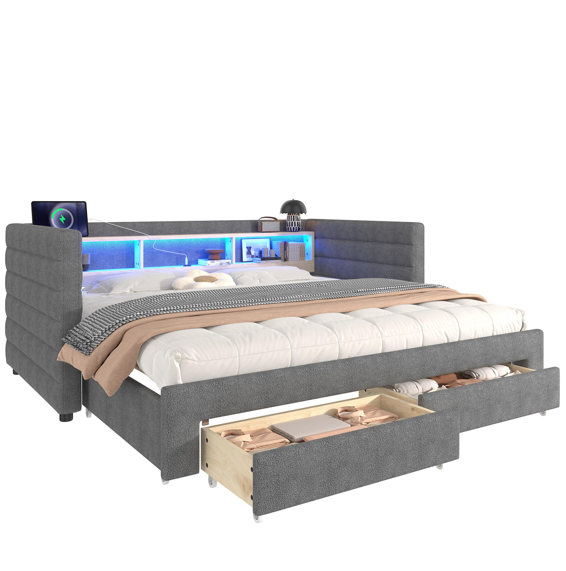 ROZKLADACIA posteľ 90/190 cm sivá zo zamatu a MDF s LED osvetlením portmi USB a typu C a zásuvkami - sivá, textil (90/190cm) - OKWISH