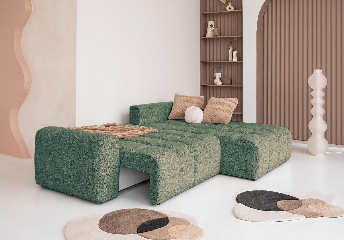 ECKSOFA mit Schlaffunktion - Strukturstoff - Türkis/Beige, Kunststoff/Textil (268/184cm) - home24