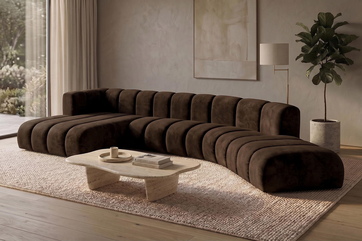 ECKSOFA Modulares In L-Form, Velvet-Stoff Riviera, Schokolade, Links, GRAND Round - Braun, Holz (445/179cm) - Kaiser Möbel