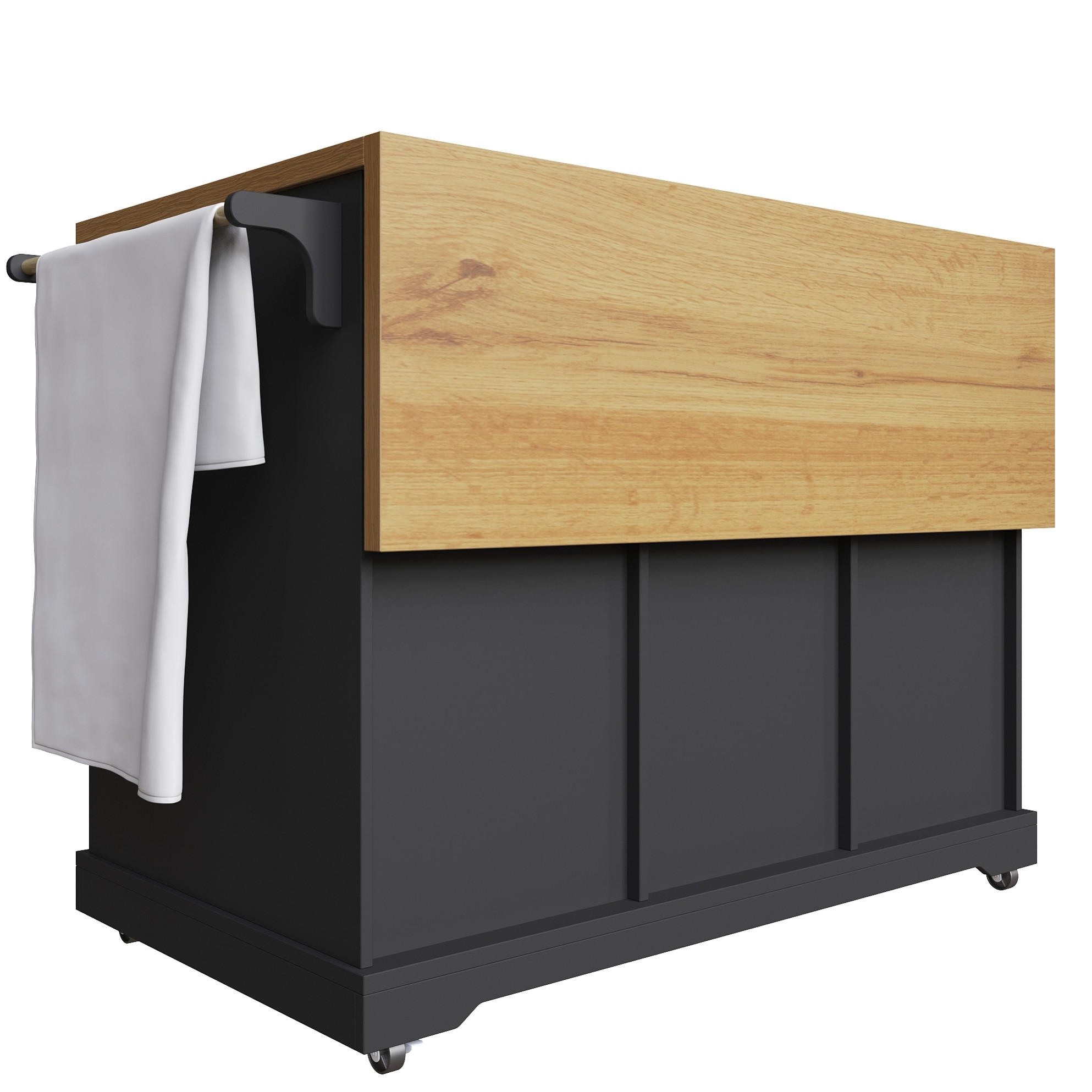 Modfu KUCHYŇSKÝ vozík z MDF a kovu 147x44x93 cm černý rozkládací s úložným prostorem a sklápěcí deskou
