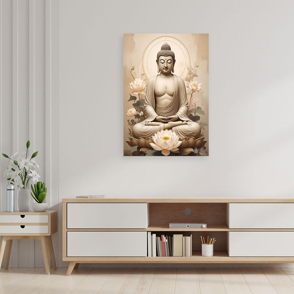 WANDBILD, Buddha in Meditation in einer friedvollen harmonischen Komposition - Beige, Textil (40/60cm) - Feeby