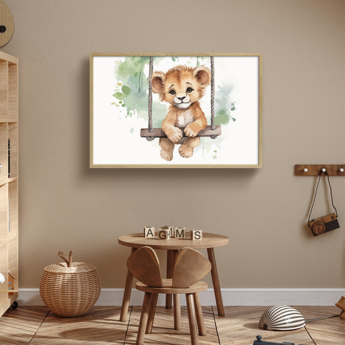 WANDLEUCHTE MIT AKKU Löwe - Tier - Kinder - Dschungel 90x60 cm - Weiß, Holzwerkstoff (90/60/8cm) - OnlyWow