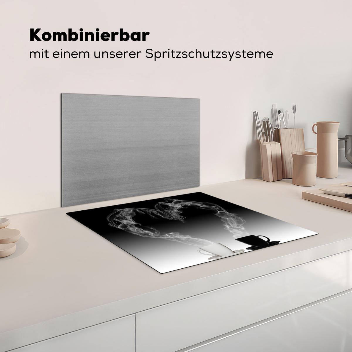 KRYT NA INDUKČNÍ DESKU Káva - Srdce - Černobílé - Šálky 58.3x51.3 cm - bílá, plast (58.3/51.3/0.2cm) - MuchoWow