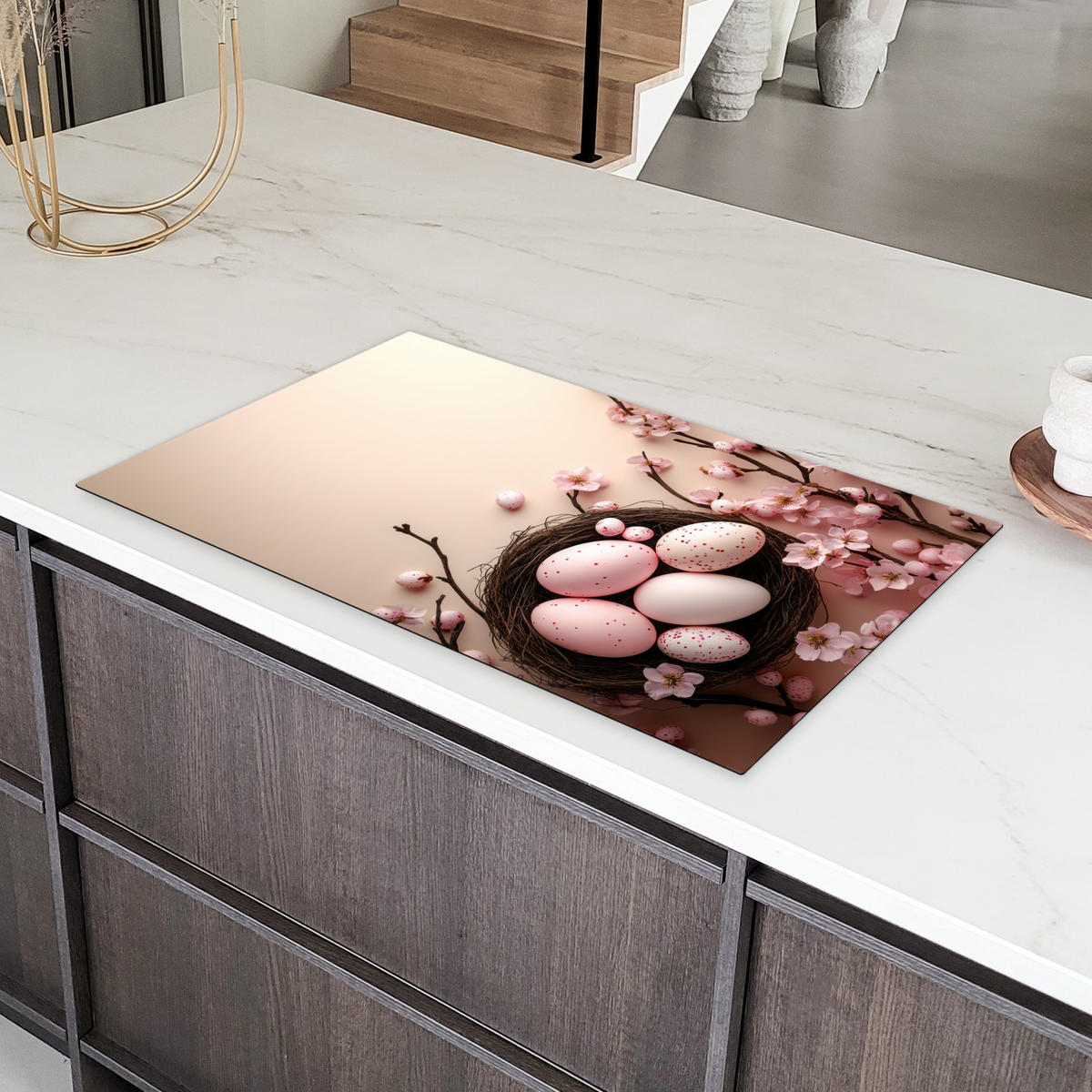 HERDABDECKPLATTE Rosa - Blüten - Eier Induktionsschutz 91.2x52 cm - Hellrosa, Kunststoff (91.2/52/0.2cm) - MuchoWow