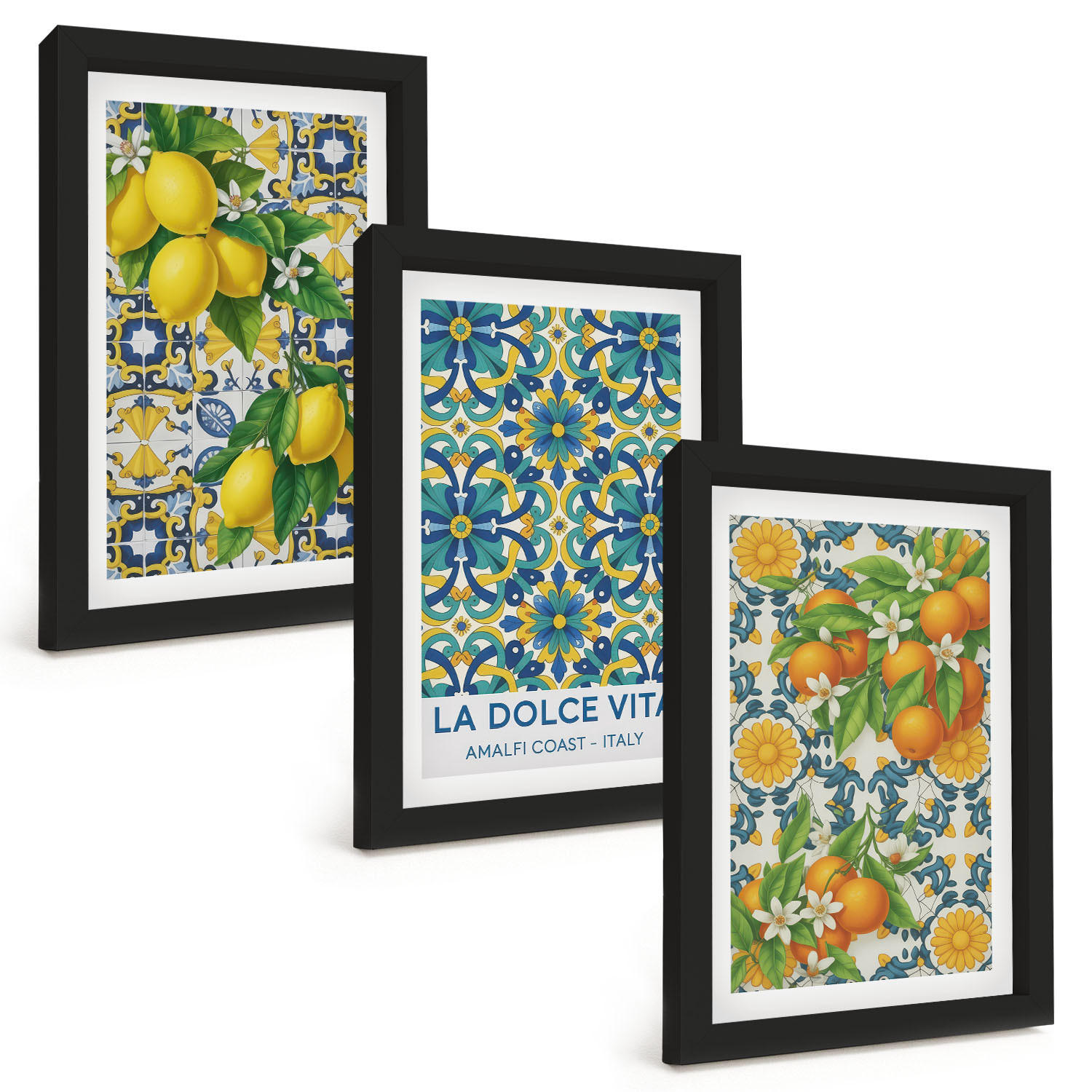 BILDER SET 3er Set - 20x30 cm Schwarzer Rahmen - Zitronen, Orangen, Blumen, Italien - Schwarz, Kunststoff (20/30cm) - TULUP