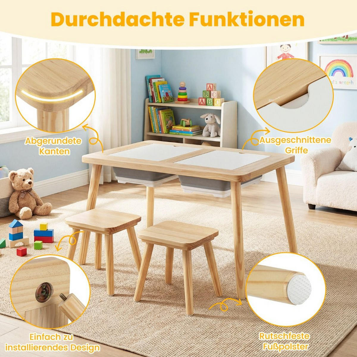 KINDERSPIELTISCH Quadrat natur(3-tlg) - Naturfarben, Holz (81/50/58cm) - COSTWAY
