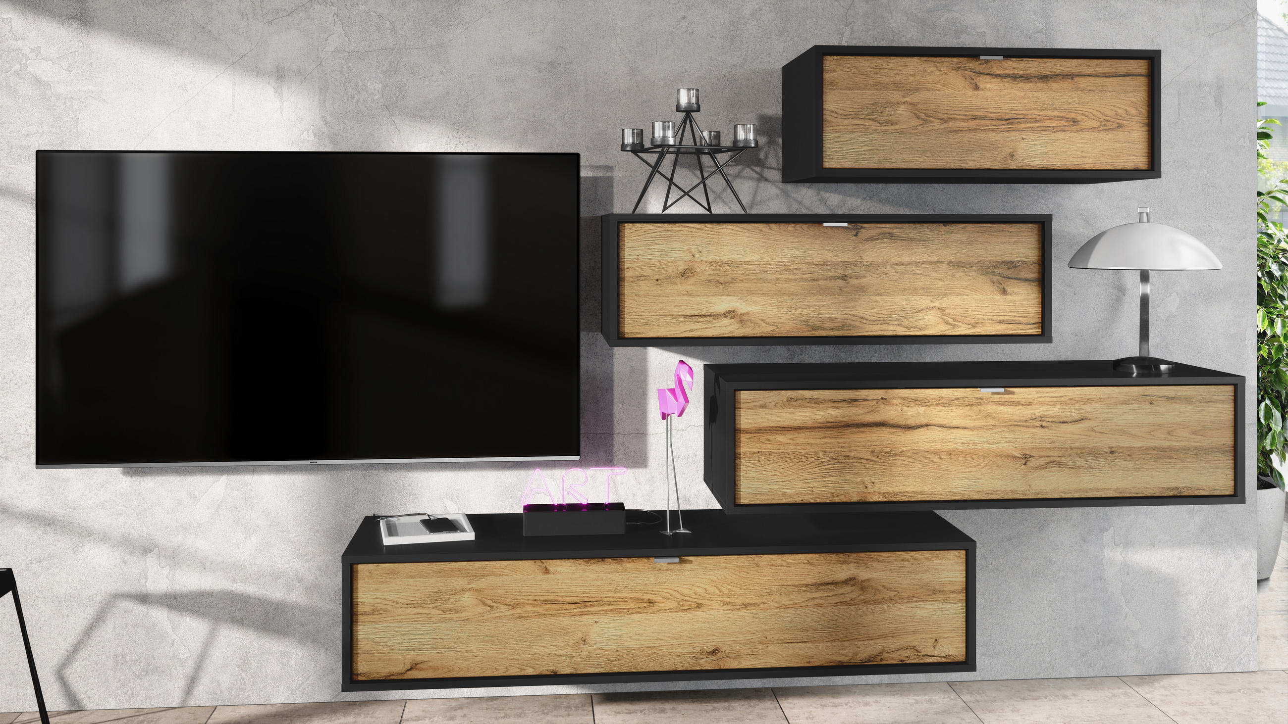 WOHNWAND Lana Fronten in Eiche Natur - Eichefarben, Holzwerkstoff (210/170/37cm) - Vladon