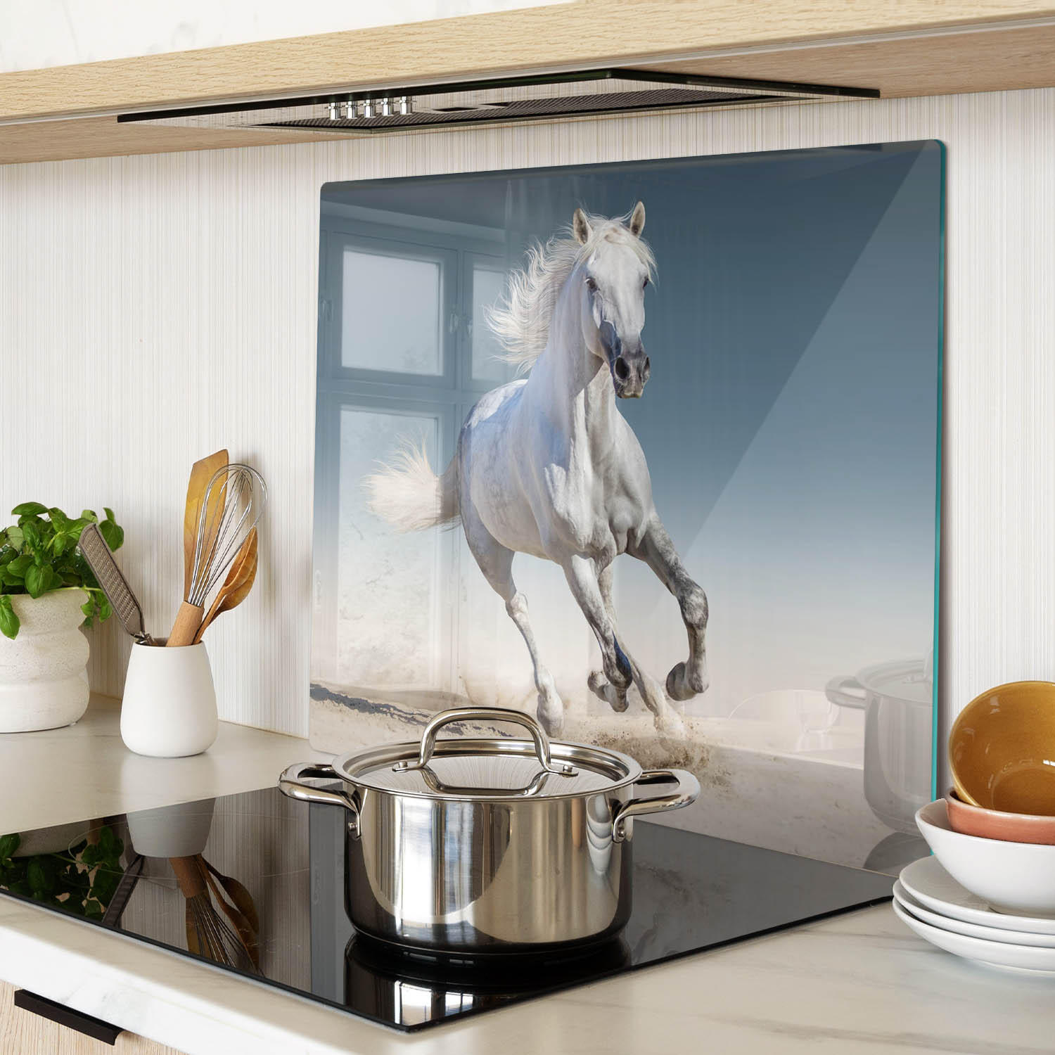 GLASPLATTE 60x52 cm Ein graues Pferd im Galopp - Grau, Glas (60/0.4cm) - TULUP