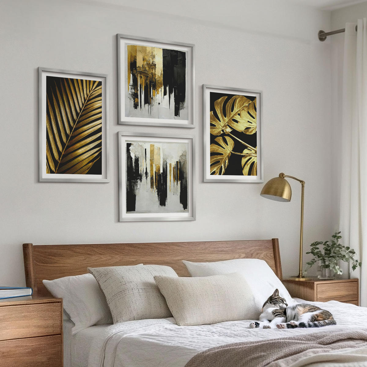 BILDER SET 4er Set - 50x50 cm & 40x60 cm Silberner Rahmen - Abstrakte Monstera-Palmenblätter - Silberfarben, Kunststoff (50/50cm) - TULUP