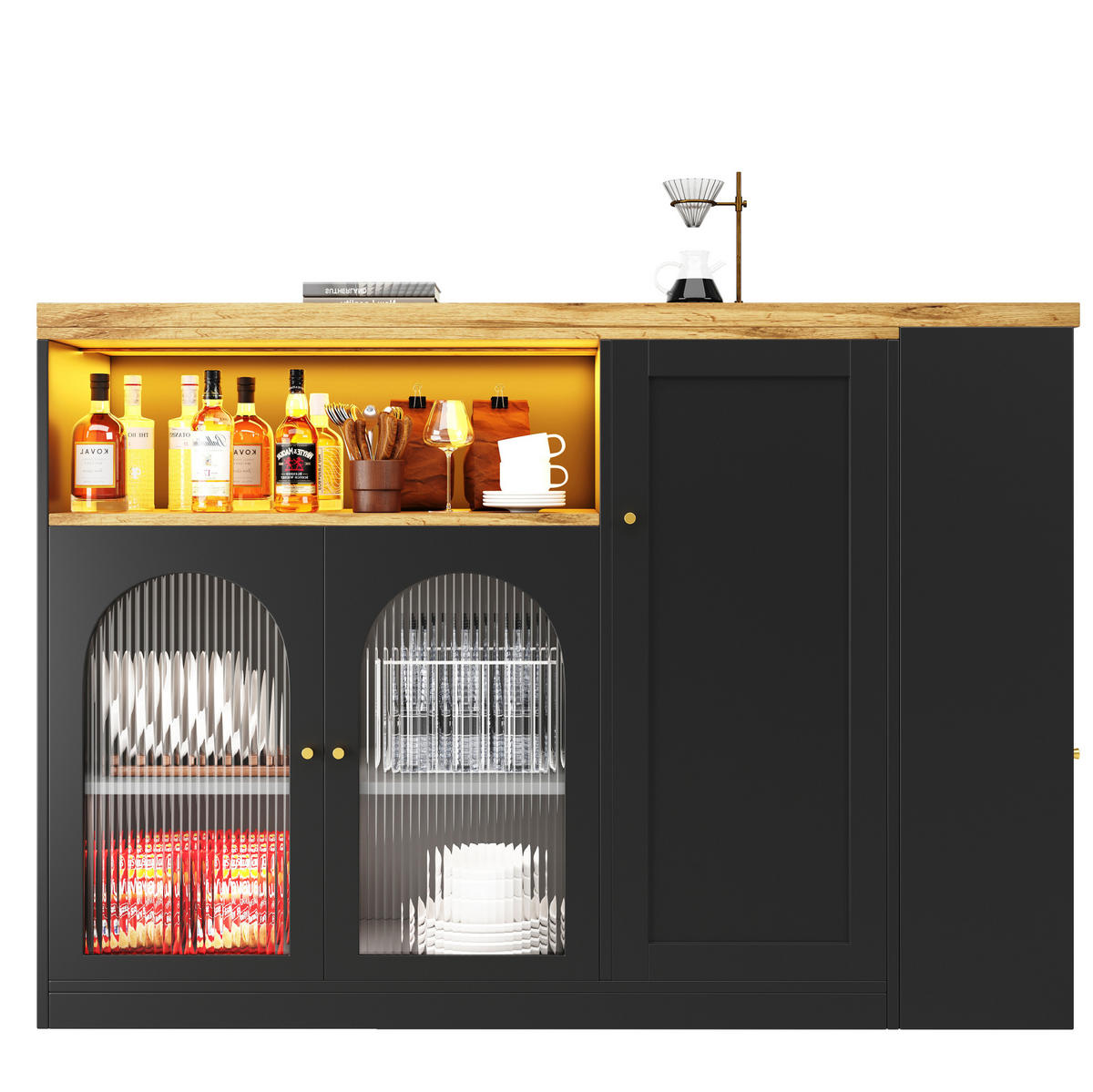 BARTISCH mit Stauraum 197/39,6/100 cm drehbar mit LED und Glasfront - Schwarz, Holzwerkstoff (108/39.6/97cm) - BEAOK