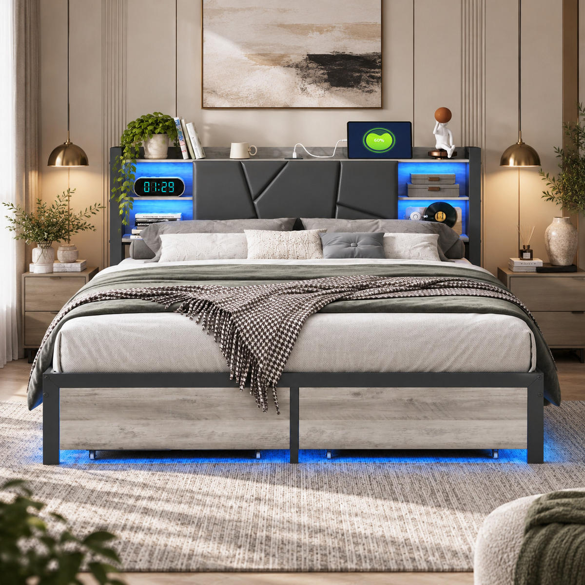POLSTERBETT 140/200 cm mit LED & USB-Kopfteil und Schubladen, modernes Metallbett - Schwarz, Holz/Metall (140/200cm) - Joyfair