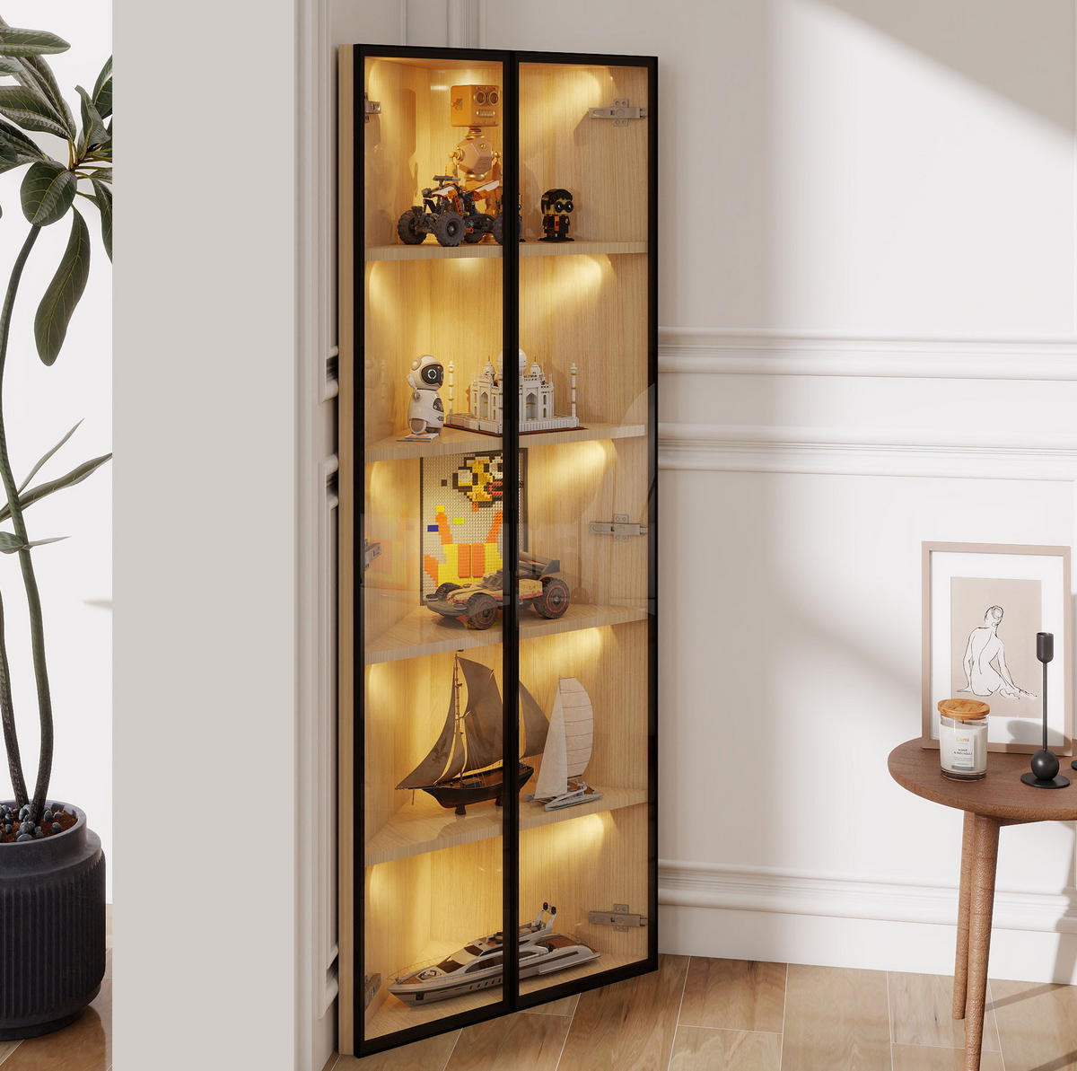 ROHOVÁ vitrína z MDF 62x35x160 cm dubová s LED osvětlením, tichým dovíráním a bezpečnostním sklem - barva dubu, kompozitní dřevo (62/160/35cm) - Modfu