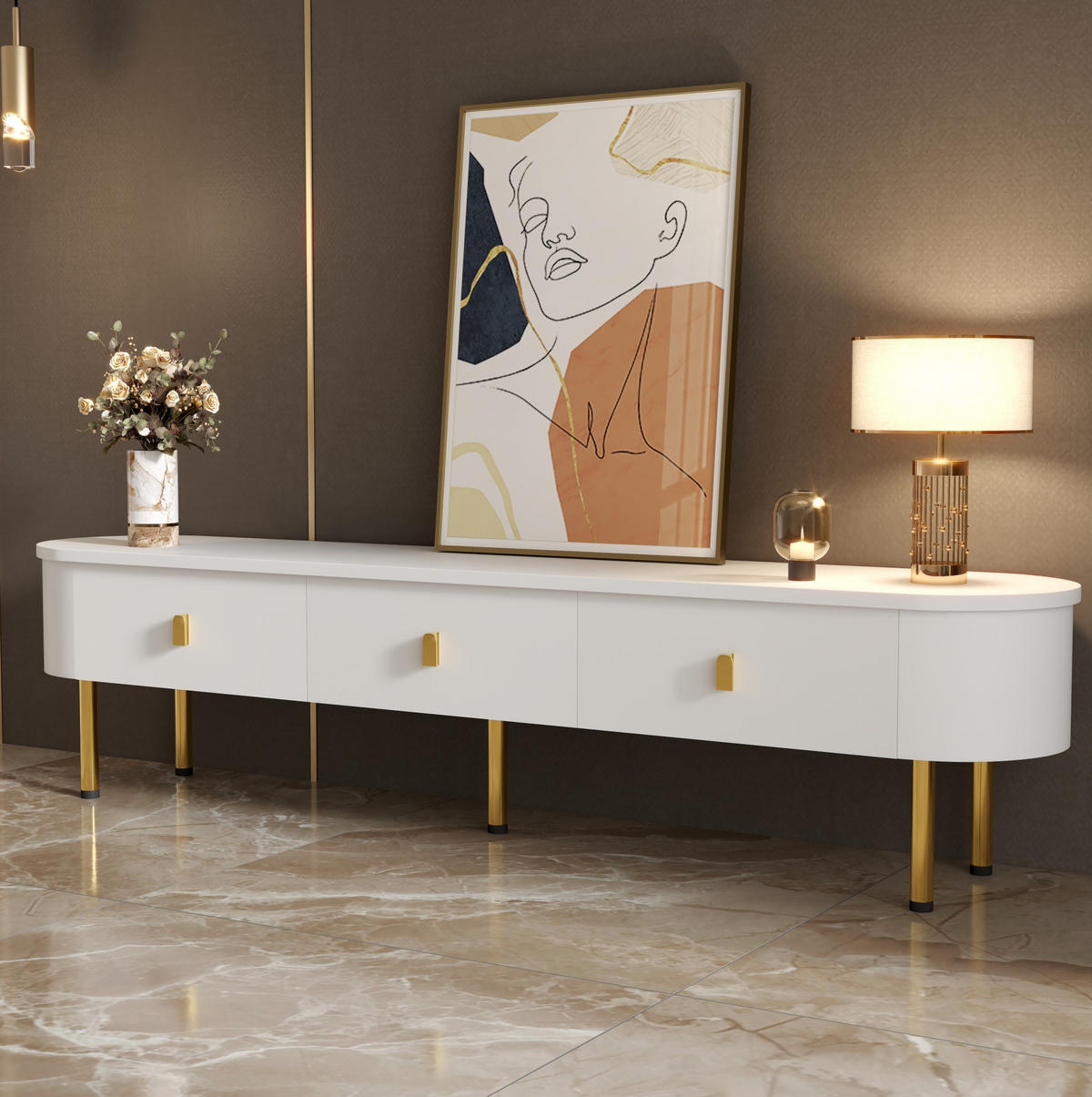 TV ormarić 174/35/41 cm bijeli i zlatni od MDF-a s 3 ladice i zaobljenim rubovima - bijela, drvni materijal (174/41/35cm) - OKWISH