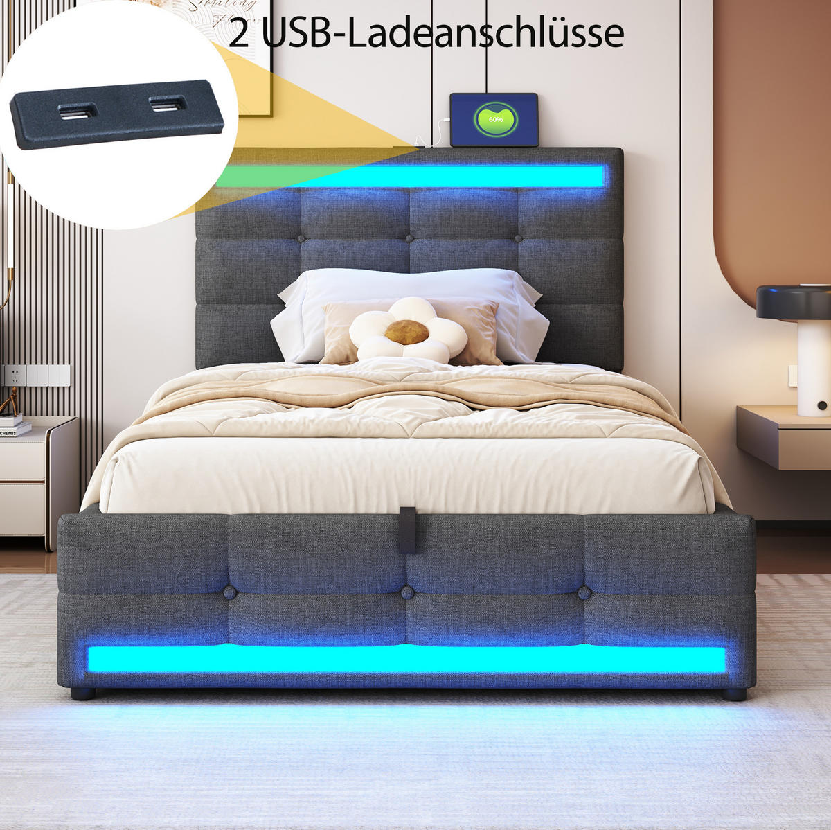 ČALOUNĚNÁ postel 90/200 cm šedá z tkaniny s LED osvětlením a USB - šedá, textil (90/200cm) - OKWISH