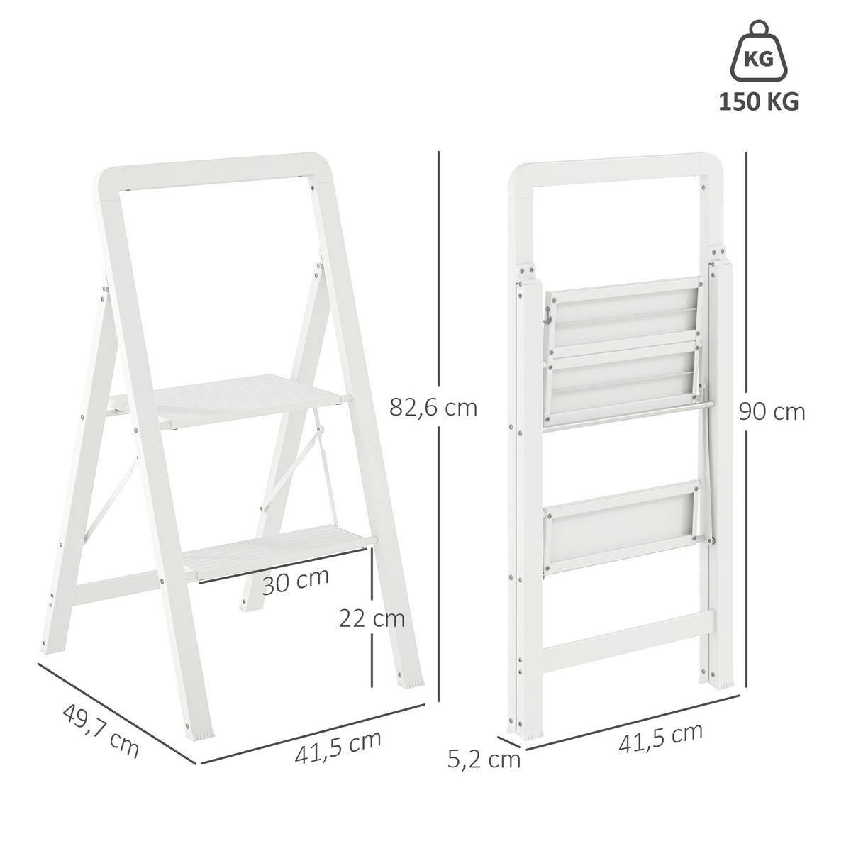 TRITTLEITER Stehleiter mit 2 Stufen Leichtbau Aluminum-Leiter 41,5 x 49,7 x 82,6 cm Weiß - Weiß, Metall (41.5/49.7/82.6cm) - HOMCOM