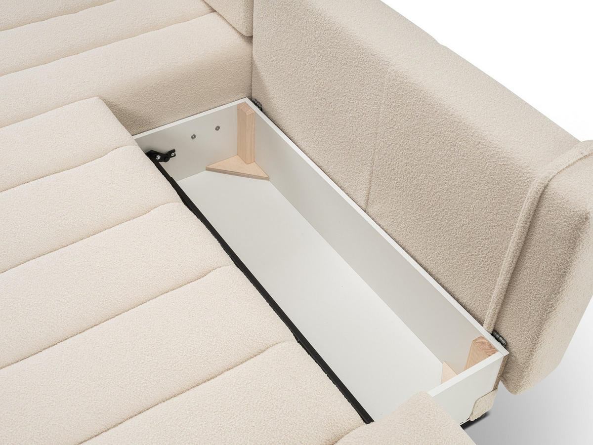 ECKSOFA GIOIA L-S Creme Boucle-Stoff mit Schlaffunktion - Creme, Holz (276/176cm) - MASSENO