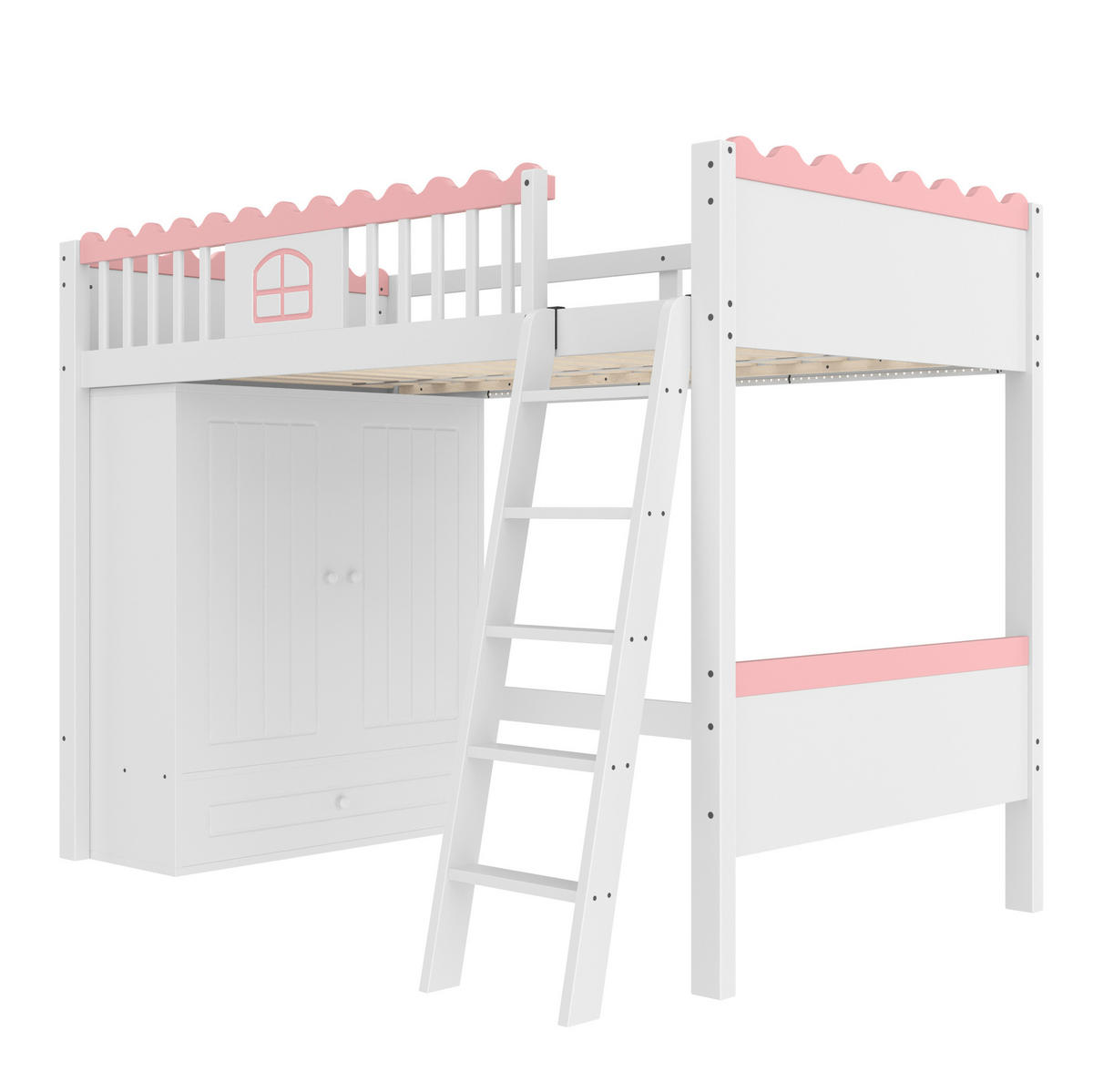 HOCHBETT 90/200 cm mit LED, Kleiderschrank und Schublade aus Kiefern , Weiß - Weiß, Holzwerkstoff (90/200cm) - Redom