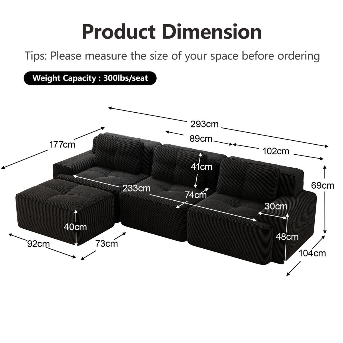 ECKSOFA mit modularem Design schwarz aus Cord - Schwarz, Textil (177/293cm) - Luhomfu