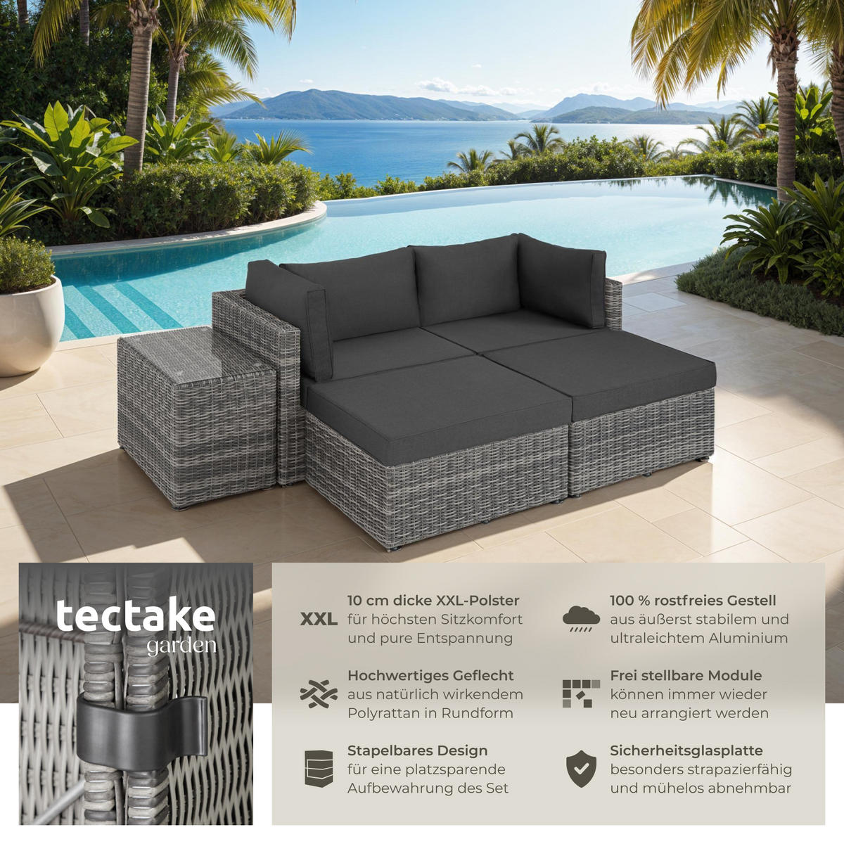 RATTANLOUNGE San Domino,mit Sicherheitsglasplatte,hellgrau/dunkelgrau - Dunkelgrau/Hellgrau, Kunststoff (72/63cm) - tectake