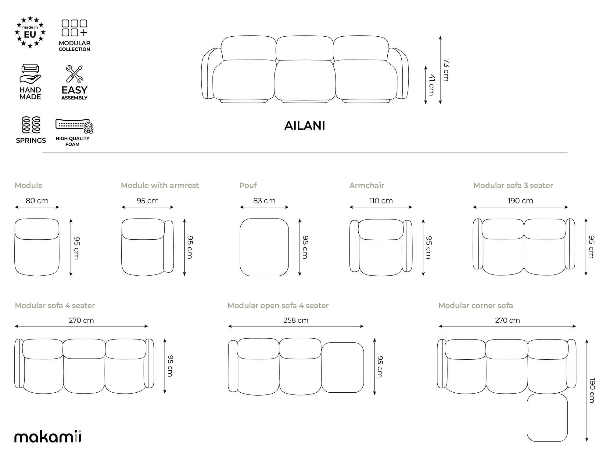 Thumbnail - Makamii 3-Sitzer, Cappuccino, Textil, Füllung: Schaumstoff, 190x73x95 cm, Made in EU, Wohnzimmer, Sofas & Couches, Sofas...