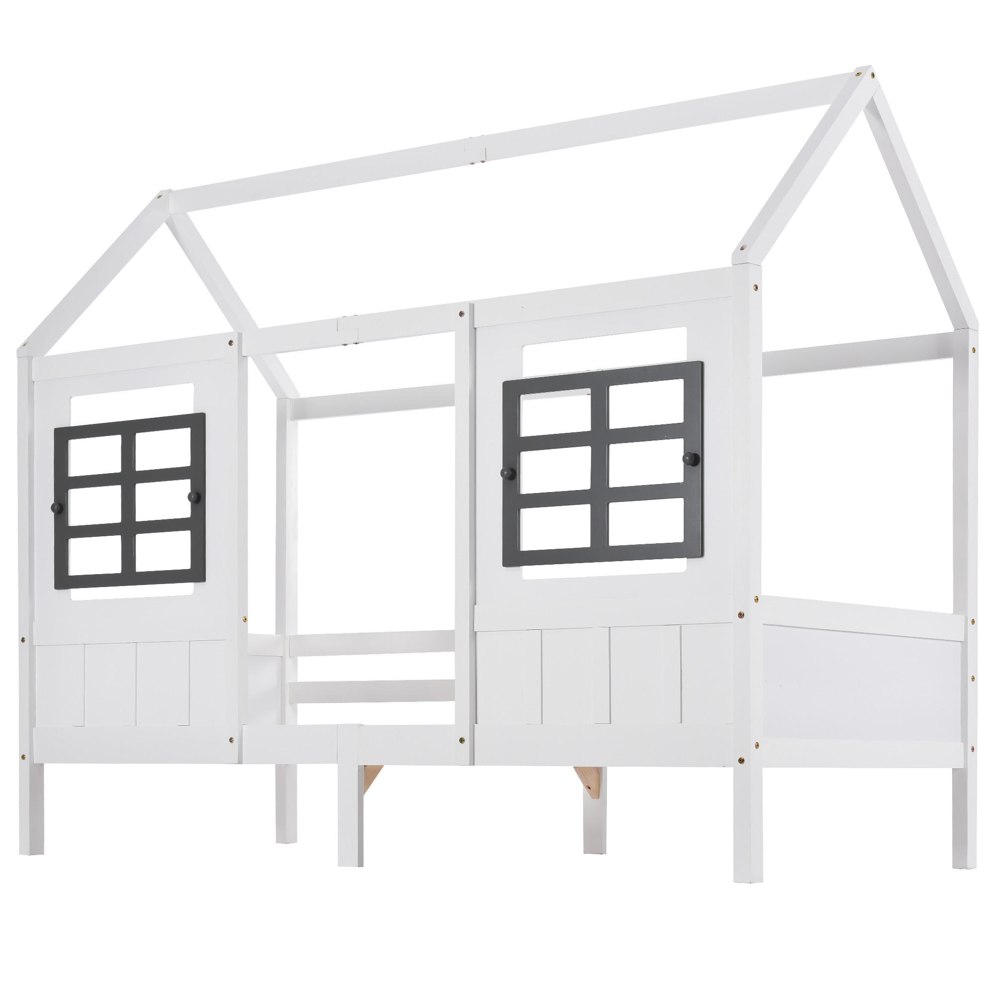 HAUSBETT 207x97x174 als Einzel mit 2 Schubladen und Doppelfenster, Massivholz, stabile Konstruktion, weiß - Weiß, Holz (90/200cm) - Luhomfu
