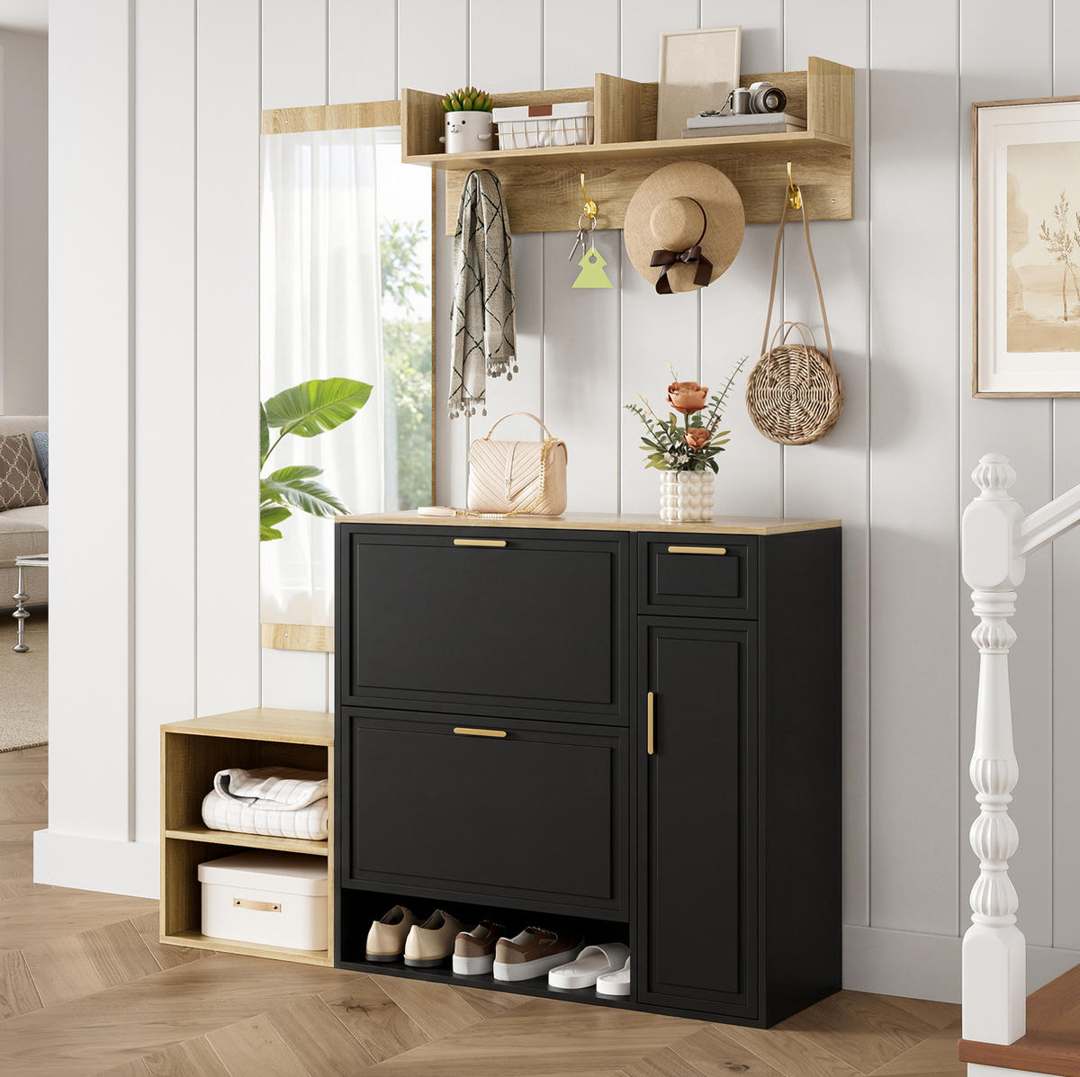 GARDEROBENSET 139,5/35/166 cm aus Spanplatte mit 4-teiligem Stauraumkonzept Schwarz/Natur - Naturfarben, Holzwerkstoff (130/174/30cm) - Modenvie