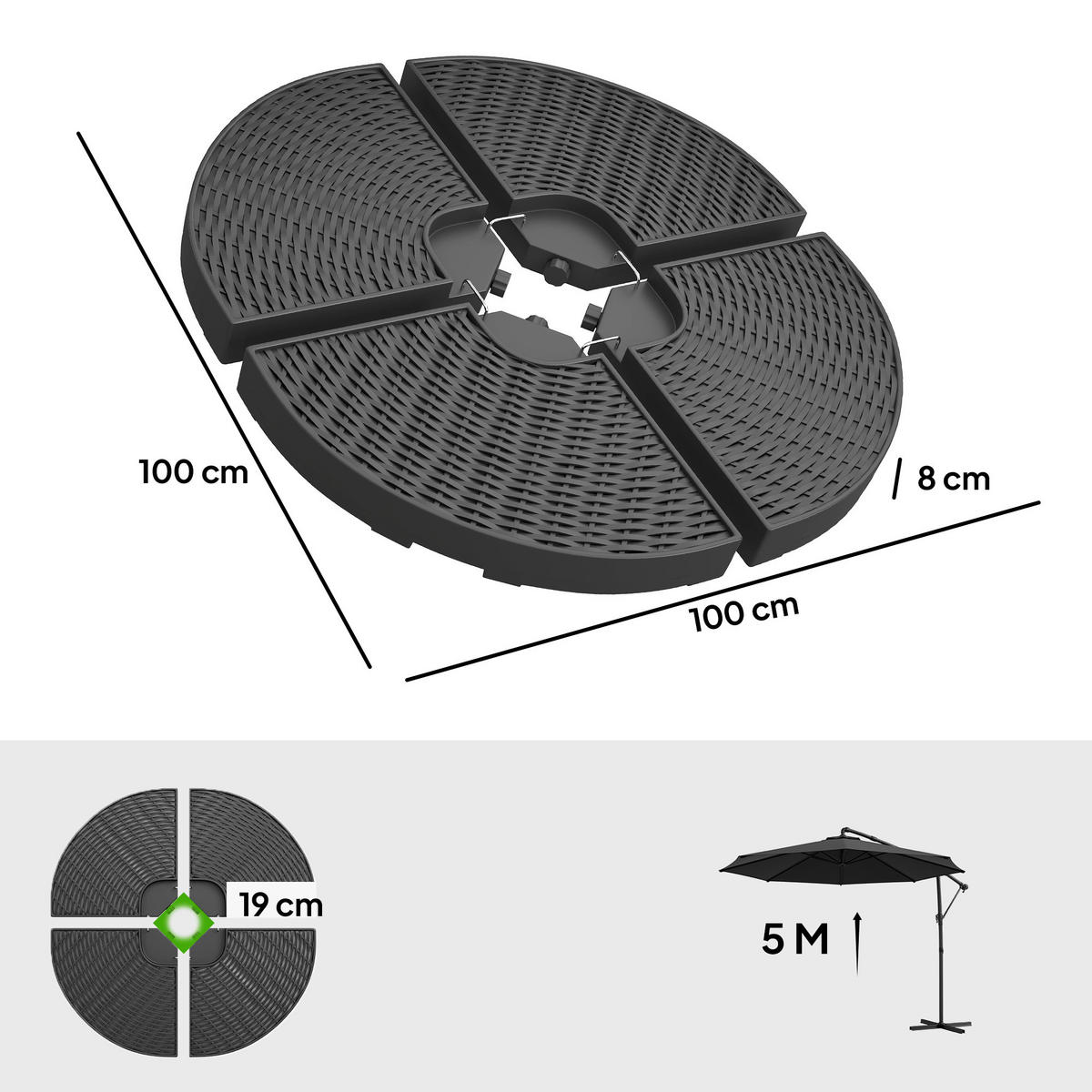 SONNENSCHIRMGEWICHT wetterfest, mit 52 kg Wasser oder 68 kg Sand befüllbar, HDPE, Schwarz - Schwarz, Kunststoff (100/100cm) - Outsunny