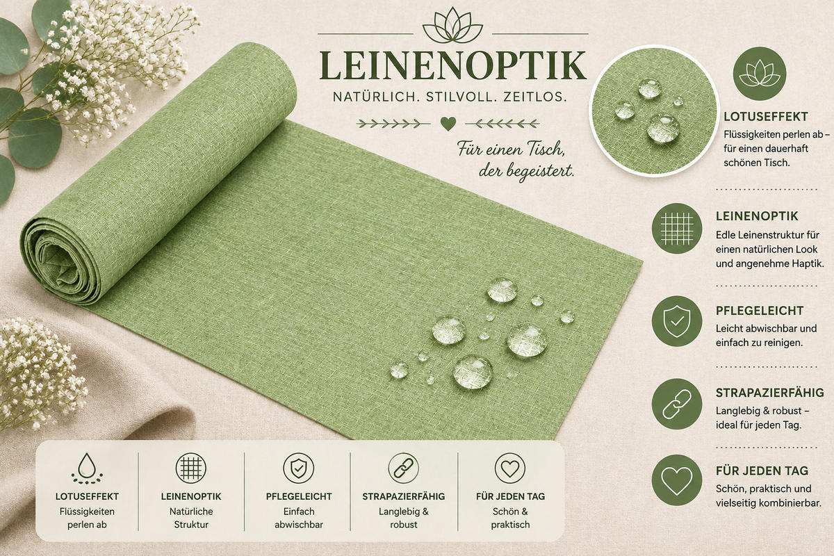 TISCHLÄUFER 33/160 cm Hellgrün Leinenoptik - Hellgrün, Textil (33/160cm) - TiborTex