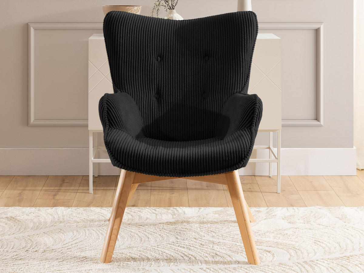 LOUNGESESSEL mit Fußhocker Lenari Schwarz Cordstoff mit Füßen in Natur - Schwarz/Naturfarben, Holz/Textil (71/96/86cm) - S-Style Möbel