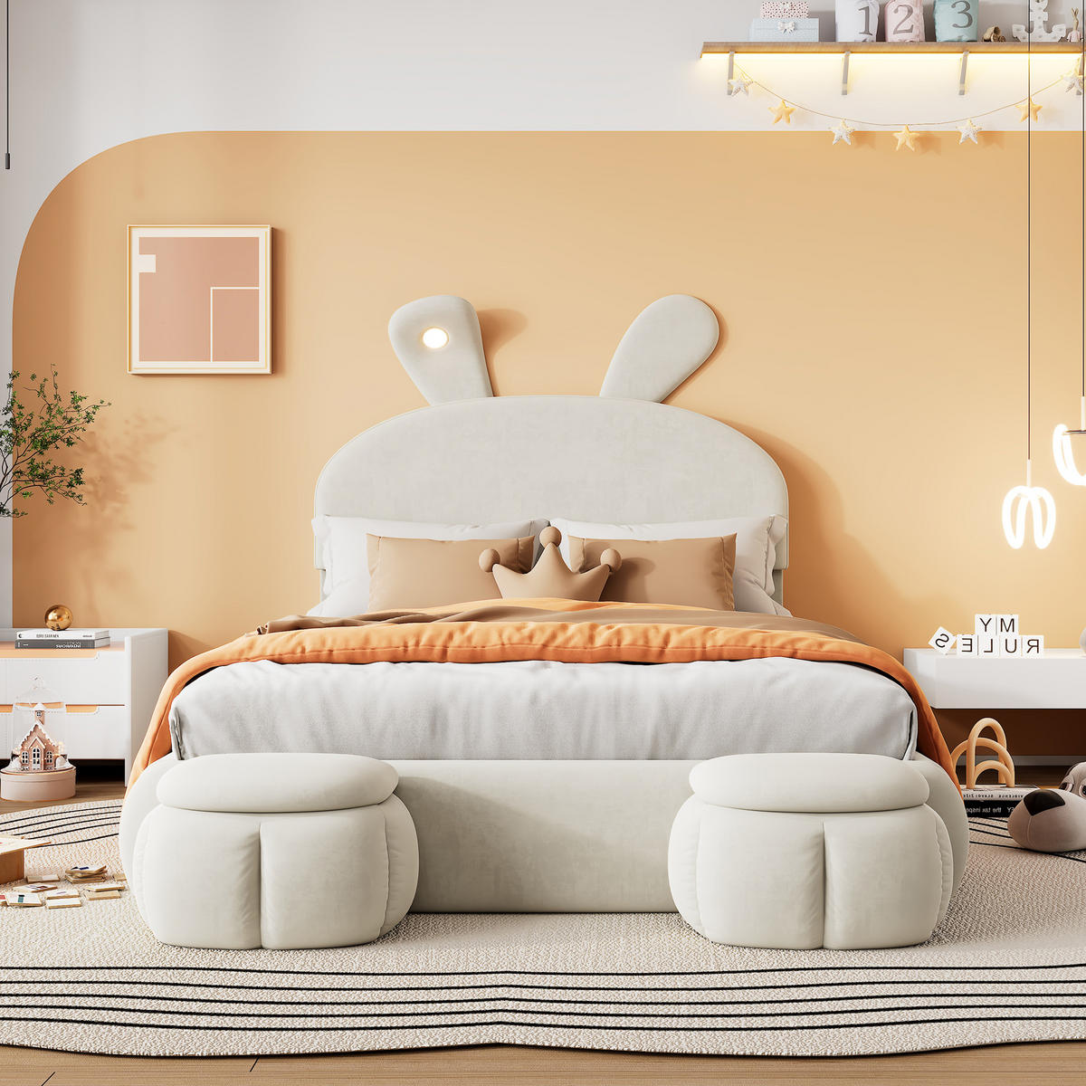 KINDERBETT 90/200 cm DE-00358, in Rosa, LED-Hasenohren und zwei Aufbewahrungshockern - Beige, Holz (140/200cm) - ComfortXL