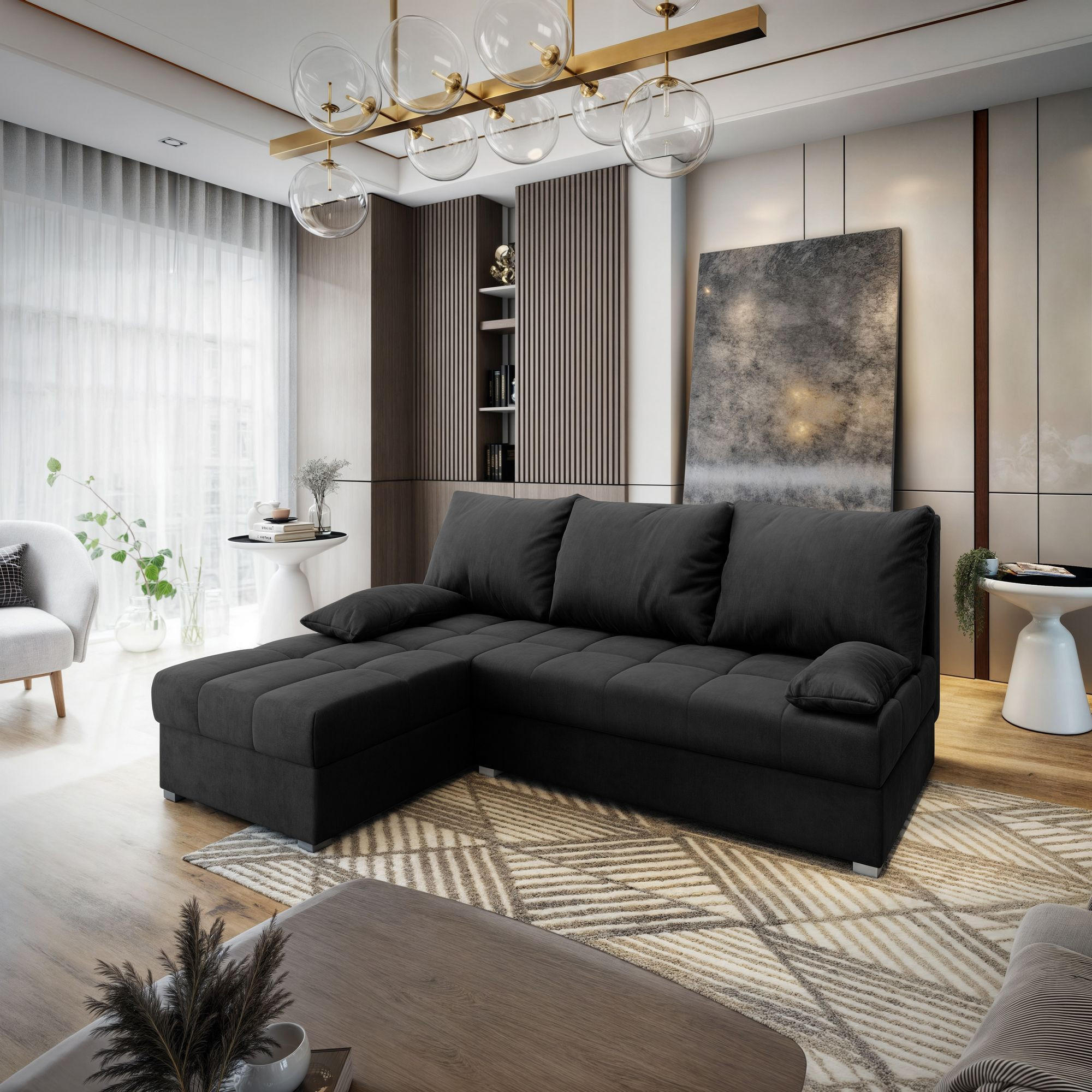 ECKSOFA RITA M Schwarz Velours-Stoff mit Schlaffunktion - Schwarz, Holz (200/141cm) - MASSENO