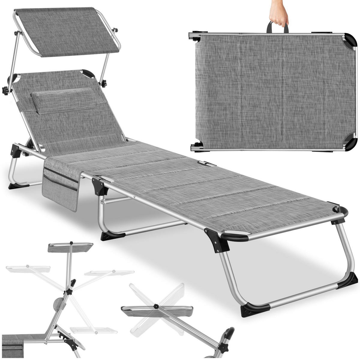 SONNENLIEGE aus Aluminium Lorella, 200 x 60,5 x 34 cm, mit Seitentasche, grau-meliert - Grau, Kunststoff (60.5/115/200cm) - tectake