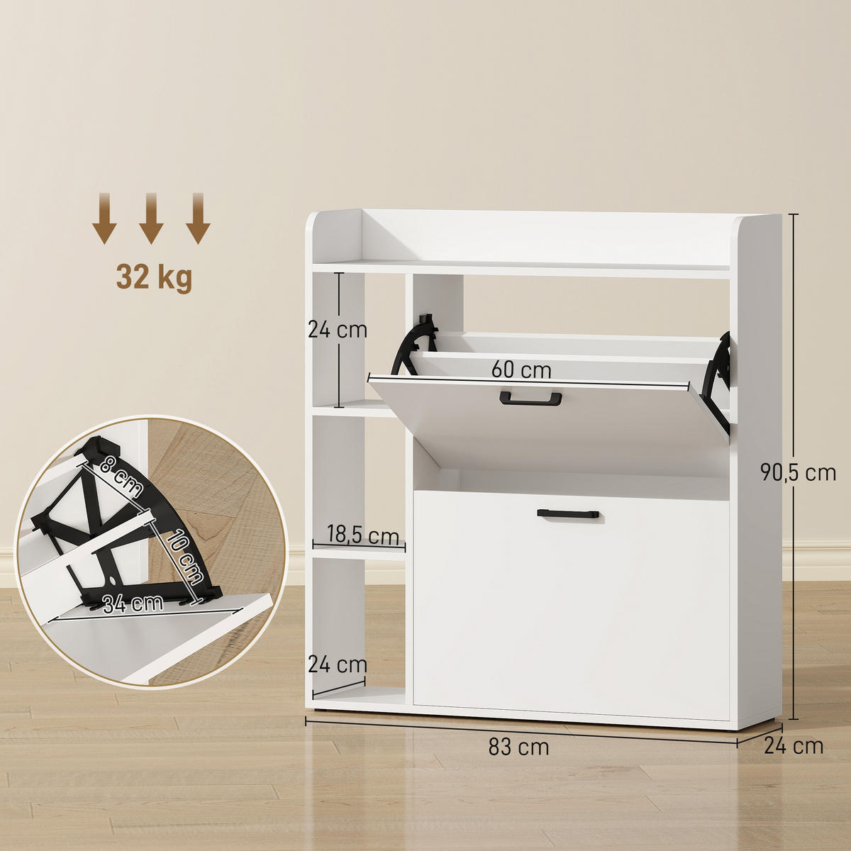 SCHUHSCHRANK Weiß Spanplatte klappbar mit Fächern 1 Stück - Weiß, Holzwerkstoff (83/90.5/24cm) - PANGIVO