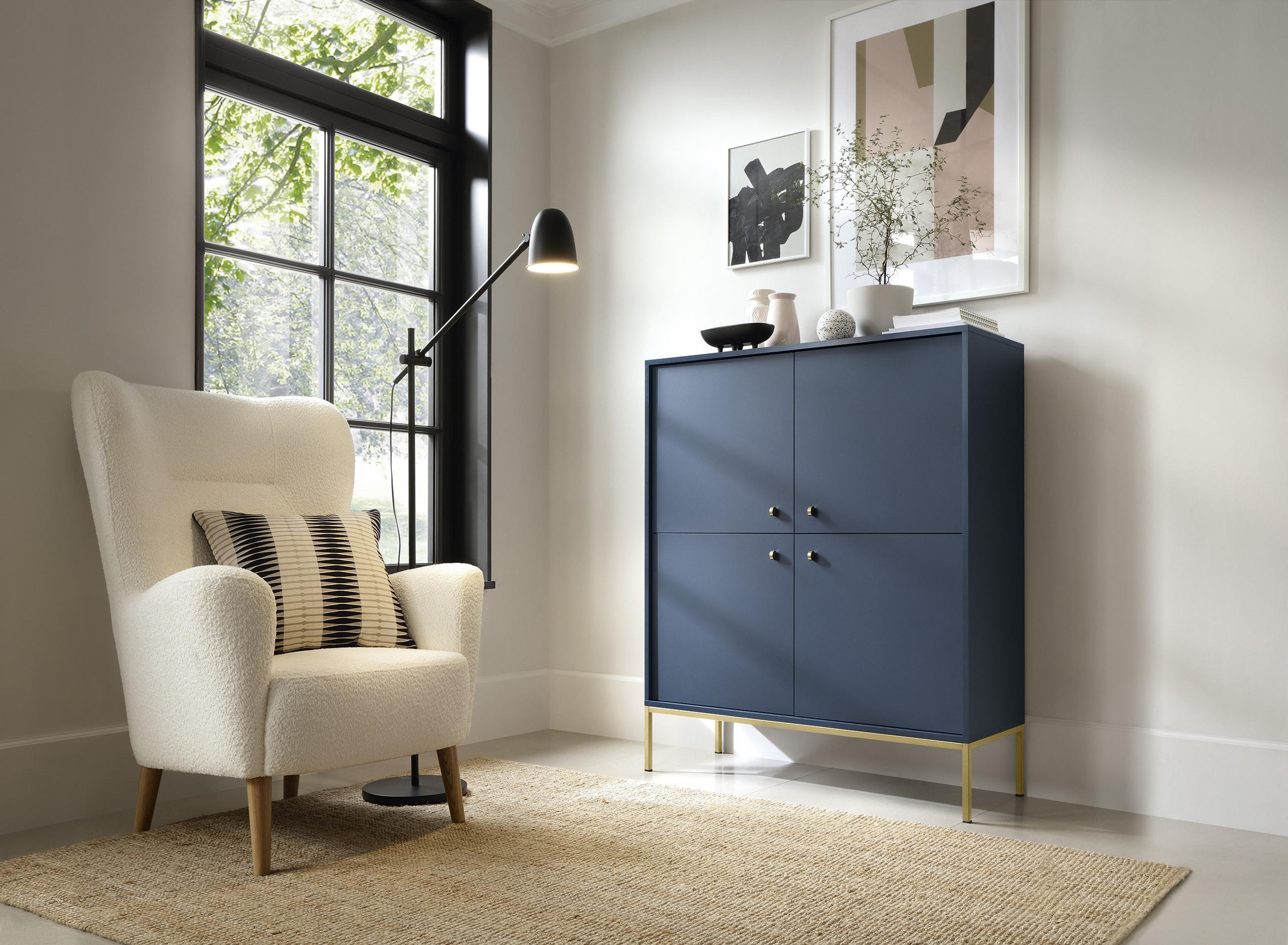 Thumbnail - Bettso Highboard, Dunkelblau, Gold, Holzwerkstoff, Metall, 104x125x39 cm, Wohnzimmer, Kommoden & Sideboards, Highboards