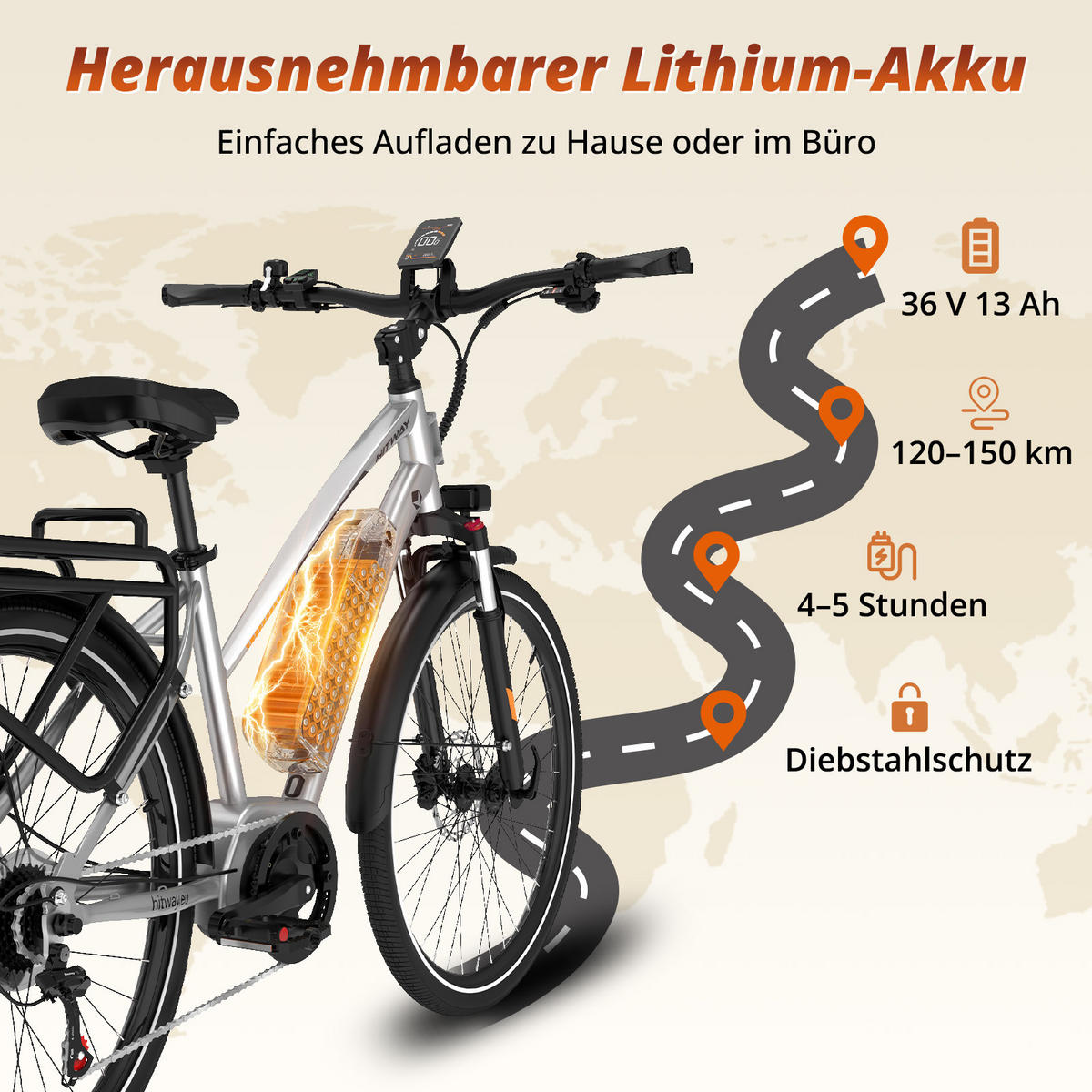 E-BIKE BKU1 Mittelmotor mit 150 km Maximalreichweite - Silberfarben, Metall (80cm) - HITWAY