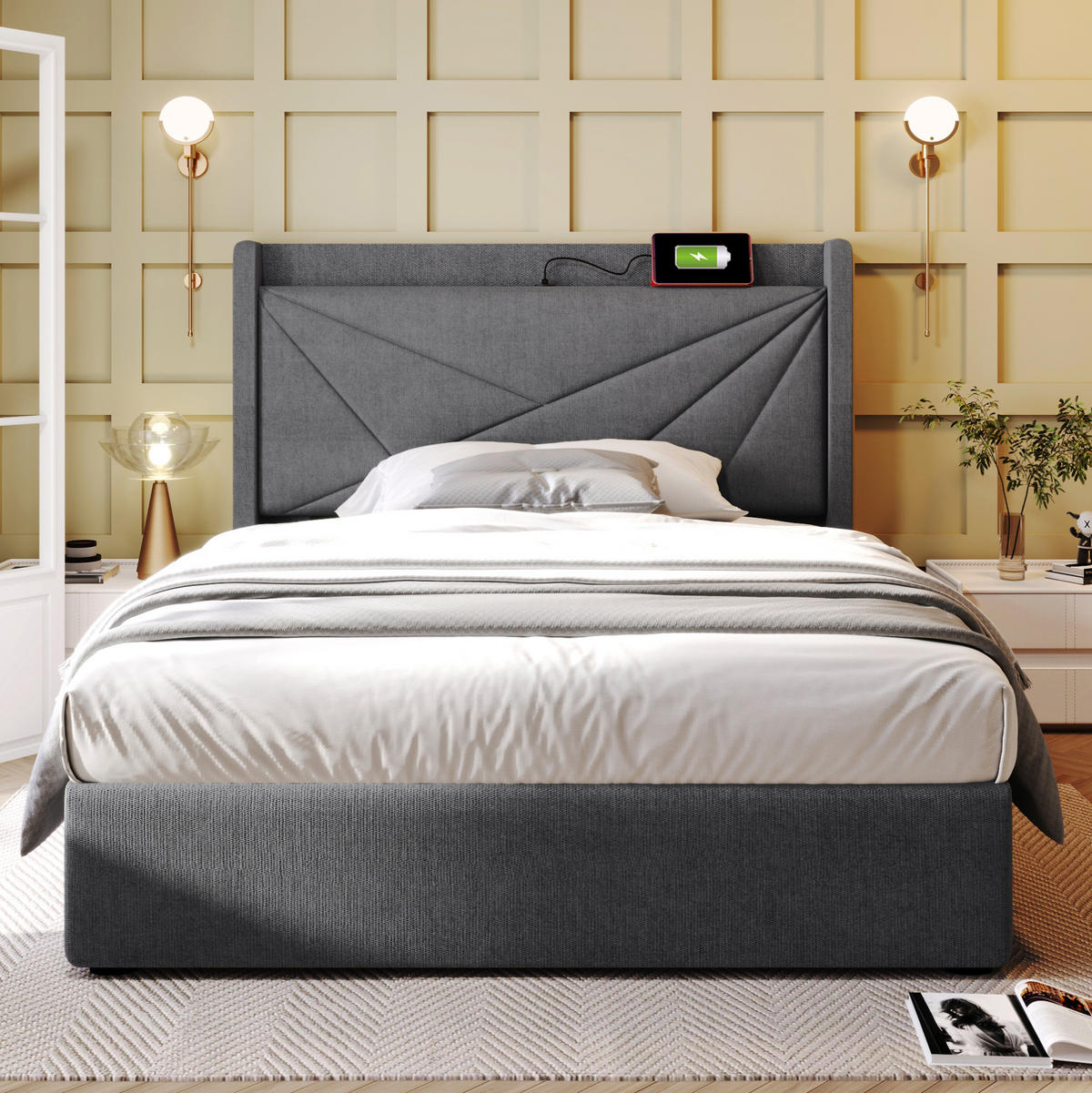 POLSTERBETT 90/200 cm Grau aus Baumwolle und Leinen mit Bettkasten und USB-Typ-C - Grau, Textil (90/200cm) - OKMYHOME