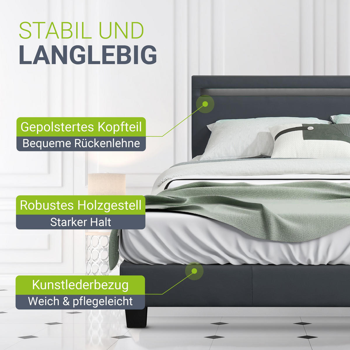 POLSTERBETT Paris dunkelgrau 140x200cm mit Matratze und LED (16 Farben) - Grau, Textil (140/200cm) - Juskys