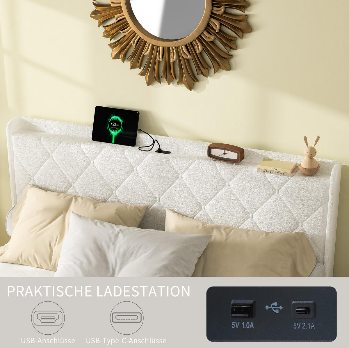 POLSTERBETT 140/200 cm mit LED-Beleuchtung, USB-Ladefunktion und Stauraum, Weiß - Weiß, Textil (140/200cm) - Redom