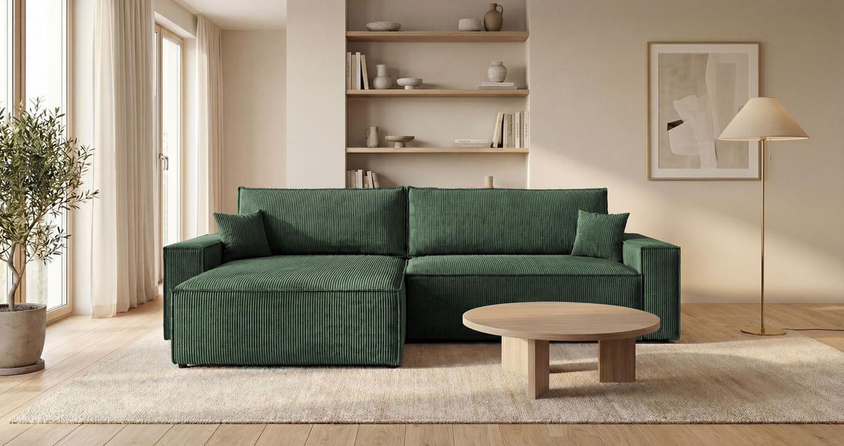 ECKSOFA VIENNA links grün Cord Poso 14 - Schlaffunktion, Bettkasten - Grün, Textil (285/185cm) - Cornero