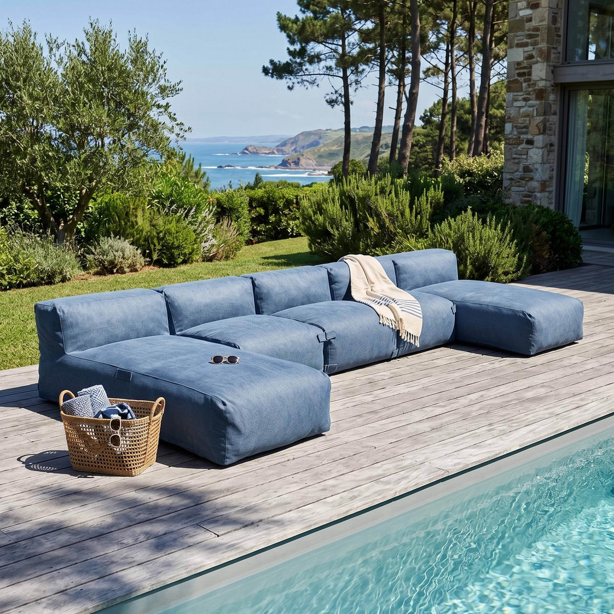 GARTENSOFA mit 5 Sitzplätzen, Pazifikblau - Blau, Textil - Oviala
