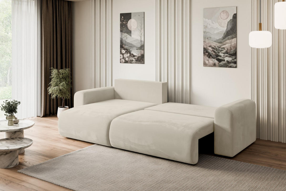 ECKSOFA mit Schlaffunktion und Bettkasten ORRO-L - 272x145x83 cm Beige Velours - Beige/Schwarz, Holzwerkstoff/Kunststoff (272/145cm) - ALTDECOR