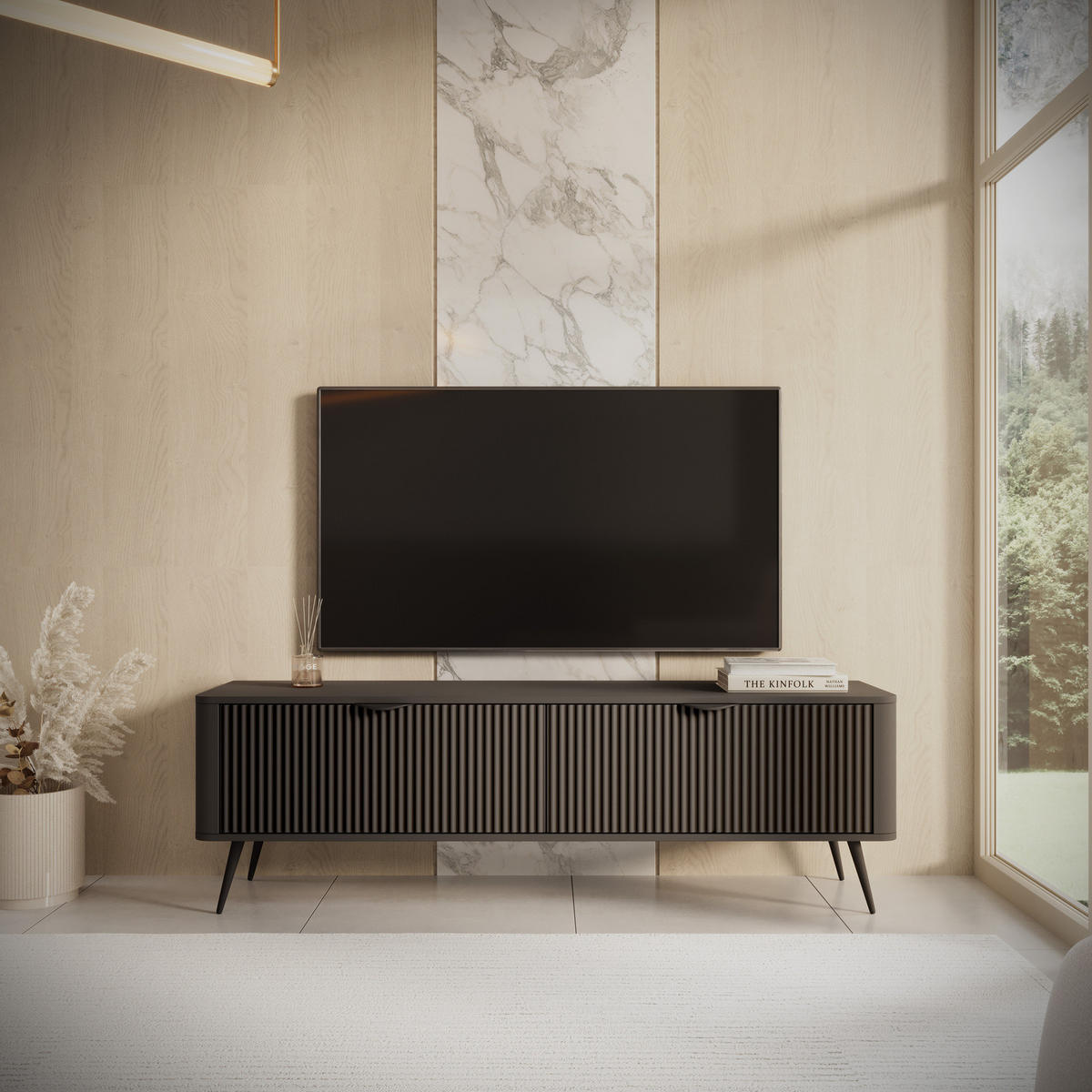 TV-LOWBOARD Flore 163 cm Schwarz - mit geriffelten Fronten - 2 Türen - Schwarz, Holz/Holzwerkstoff (163/51/38cm) - Ravio