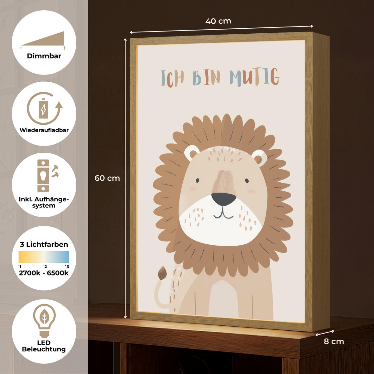 NACHTTISCHLAMPE MIT AKKU Löwe - Beige - Tier - Mutig - Zitat 40x60 cm - Beige, Holzwerkstoff (8/40/60cm) - OnlyWow