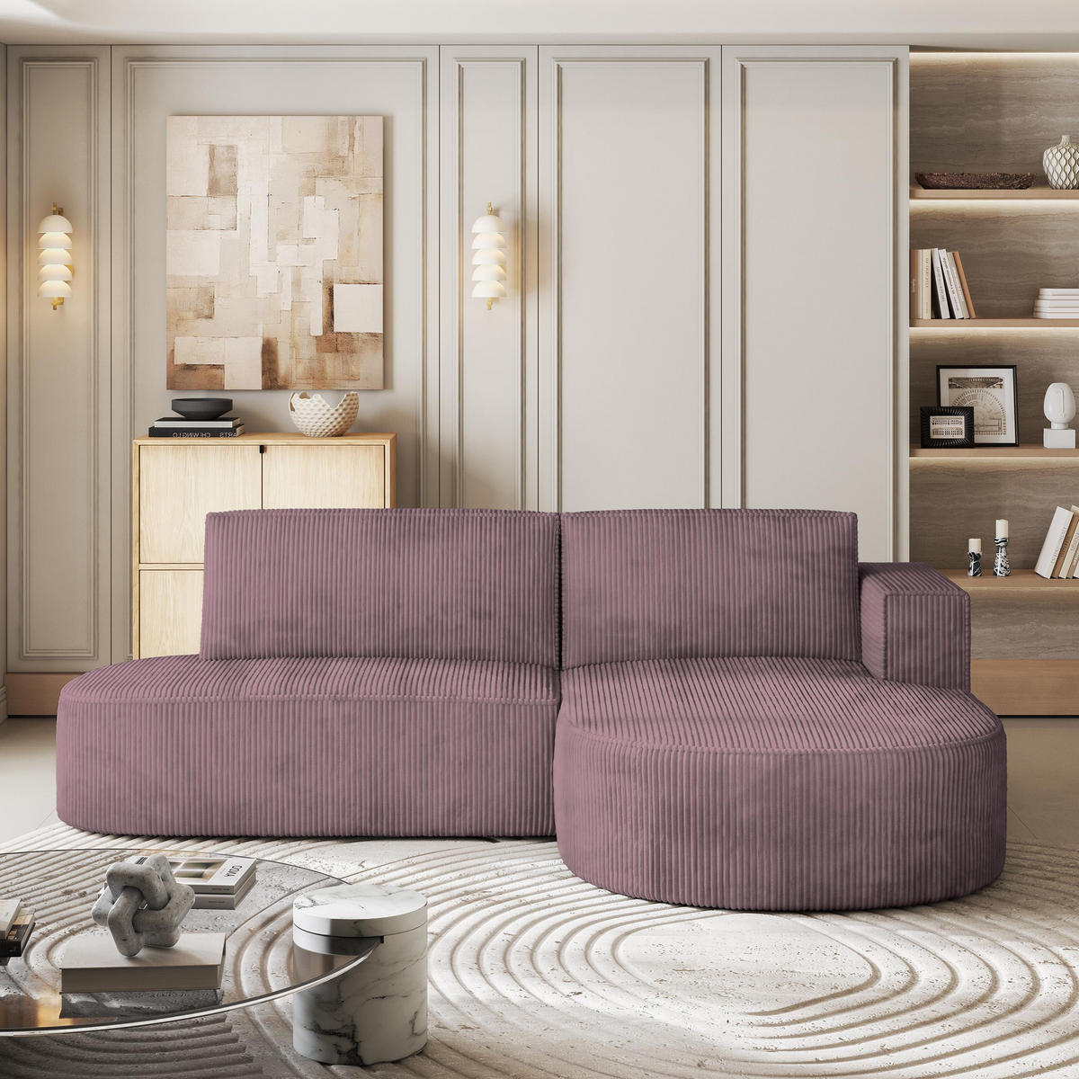 ECKSOFA CORTIO P R-S Lila Kordstoff mit Schlaffunktion - Lila, Holz (265/174cm) - MASSENO