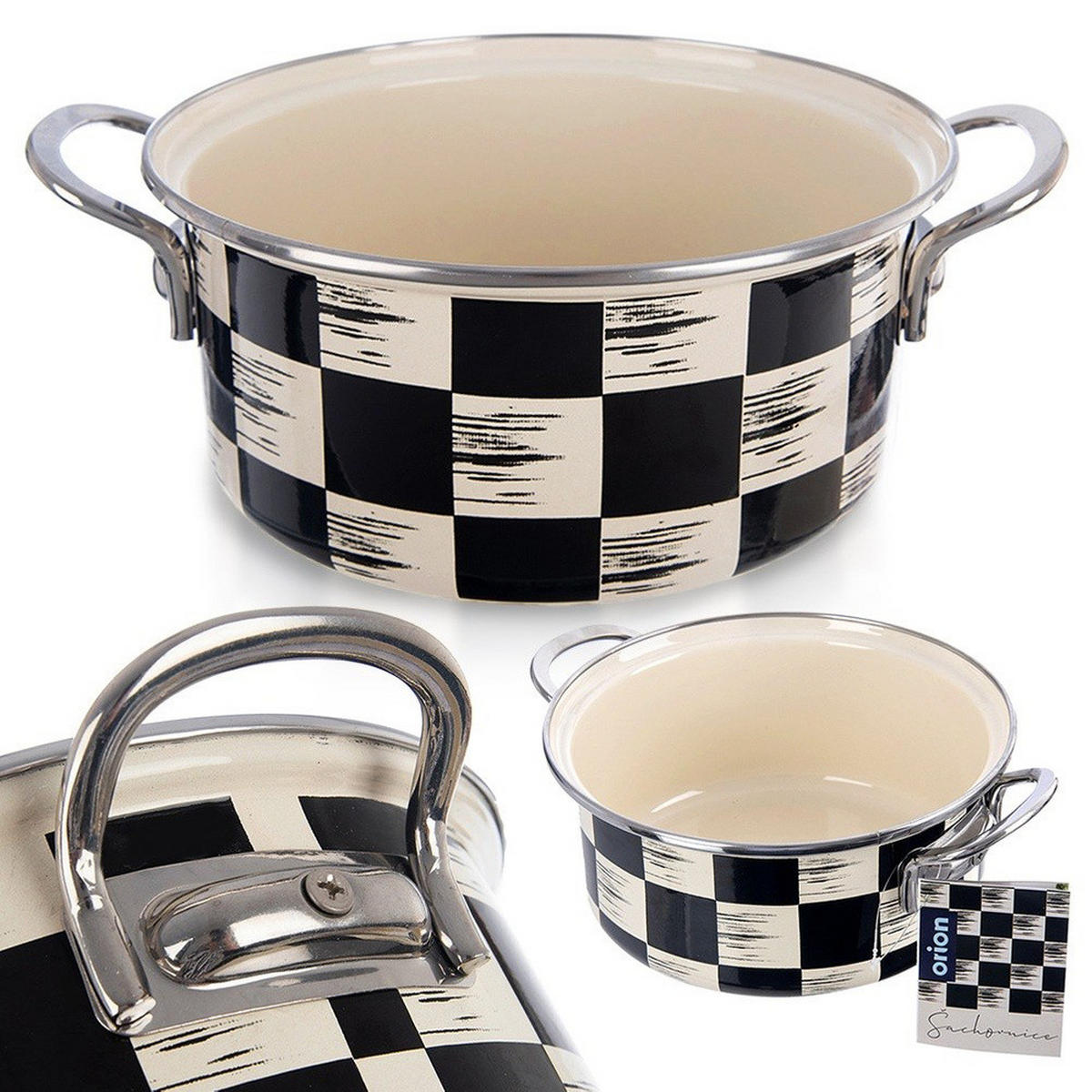 EMAILLIERTOPF Schachbrett mit Karomuster beige - Beige, Metall (20cm) - Orion 