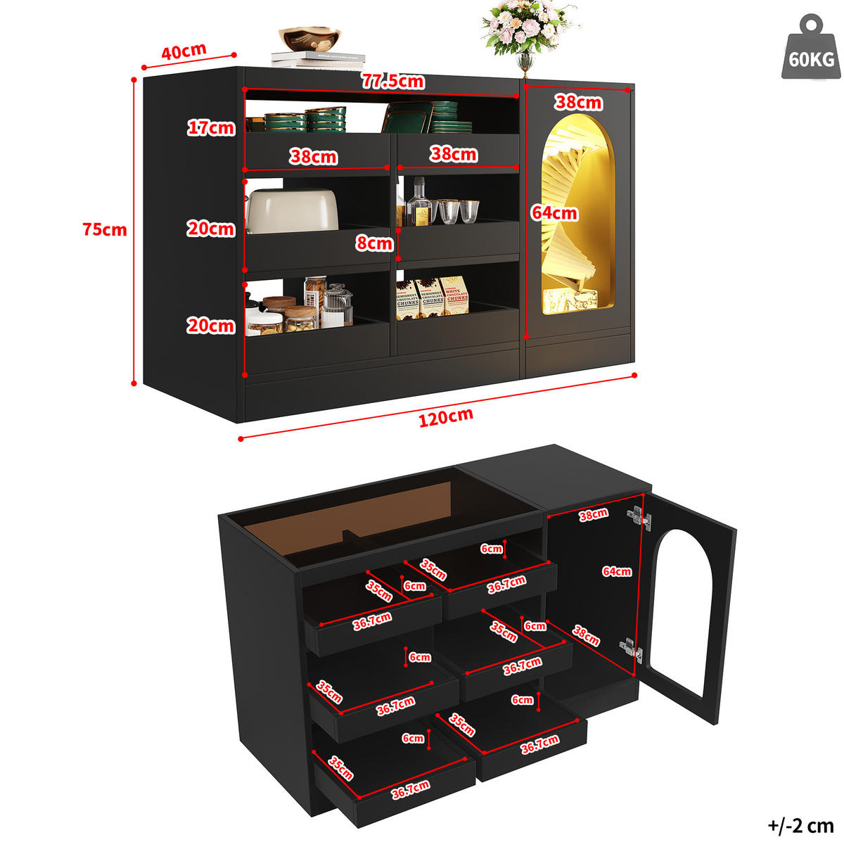 KOMMODE aus MDF 120x40x75cm in Schwarz mit LED-Lichtstreifen - Schwarz, Holzwerkstoff (120/75/40cm) - Modfu